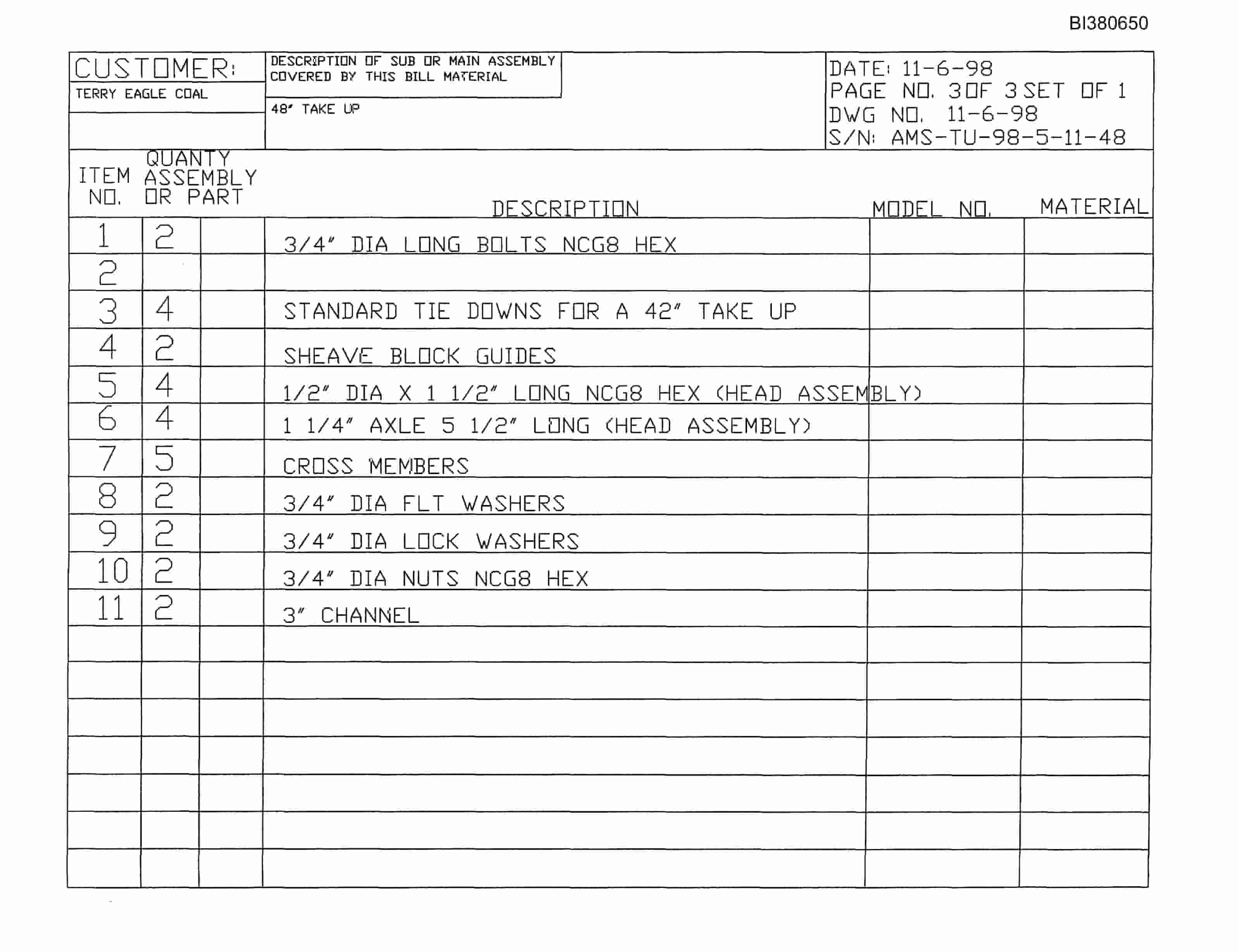 Bucyrus 48in Take-Up Parts Catalog BI380650-5