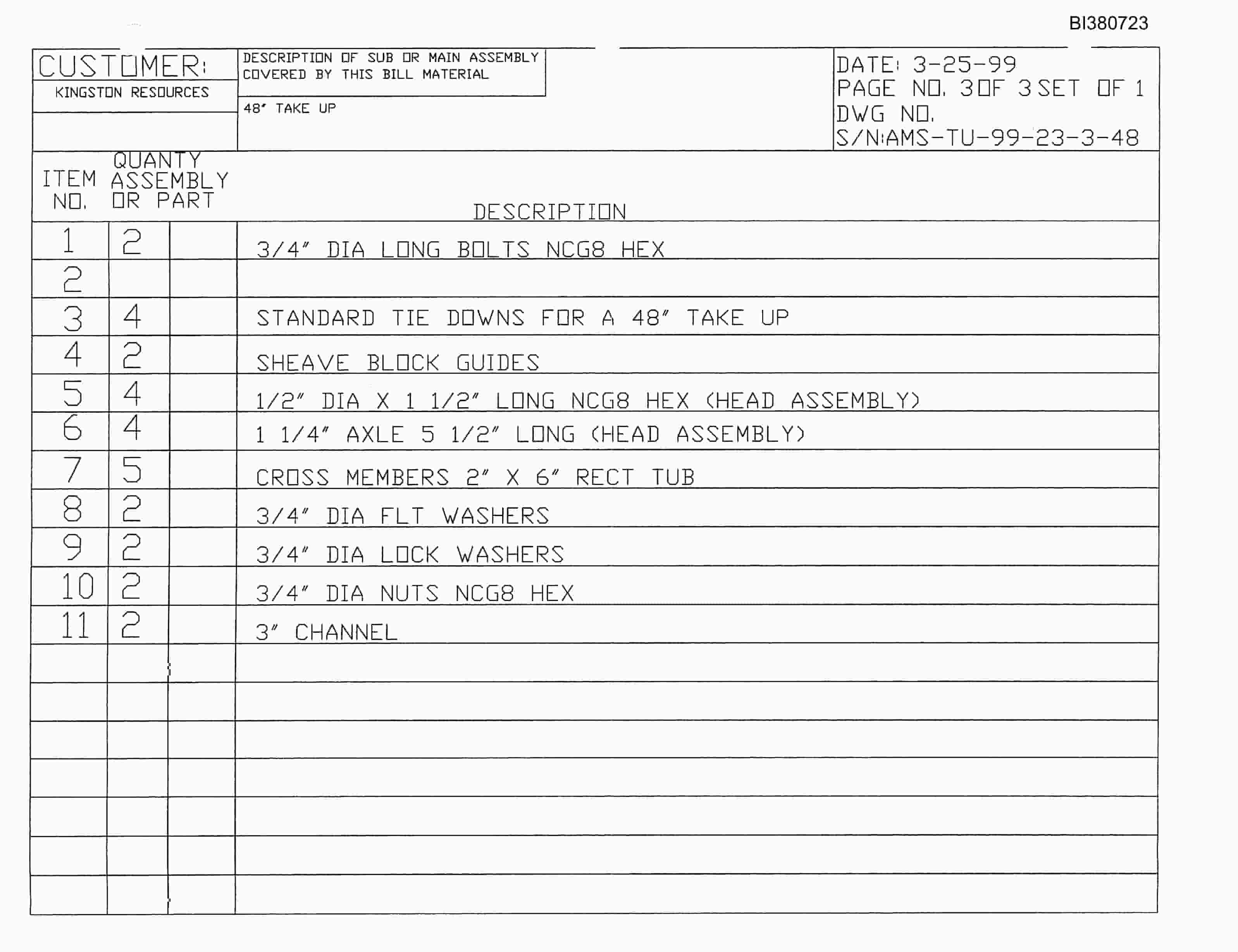 Bucyrus 48in Take-Up Parts Catalog BI380723-2