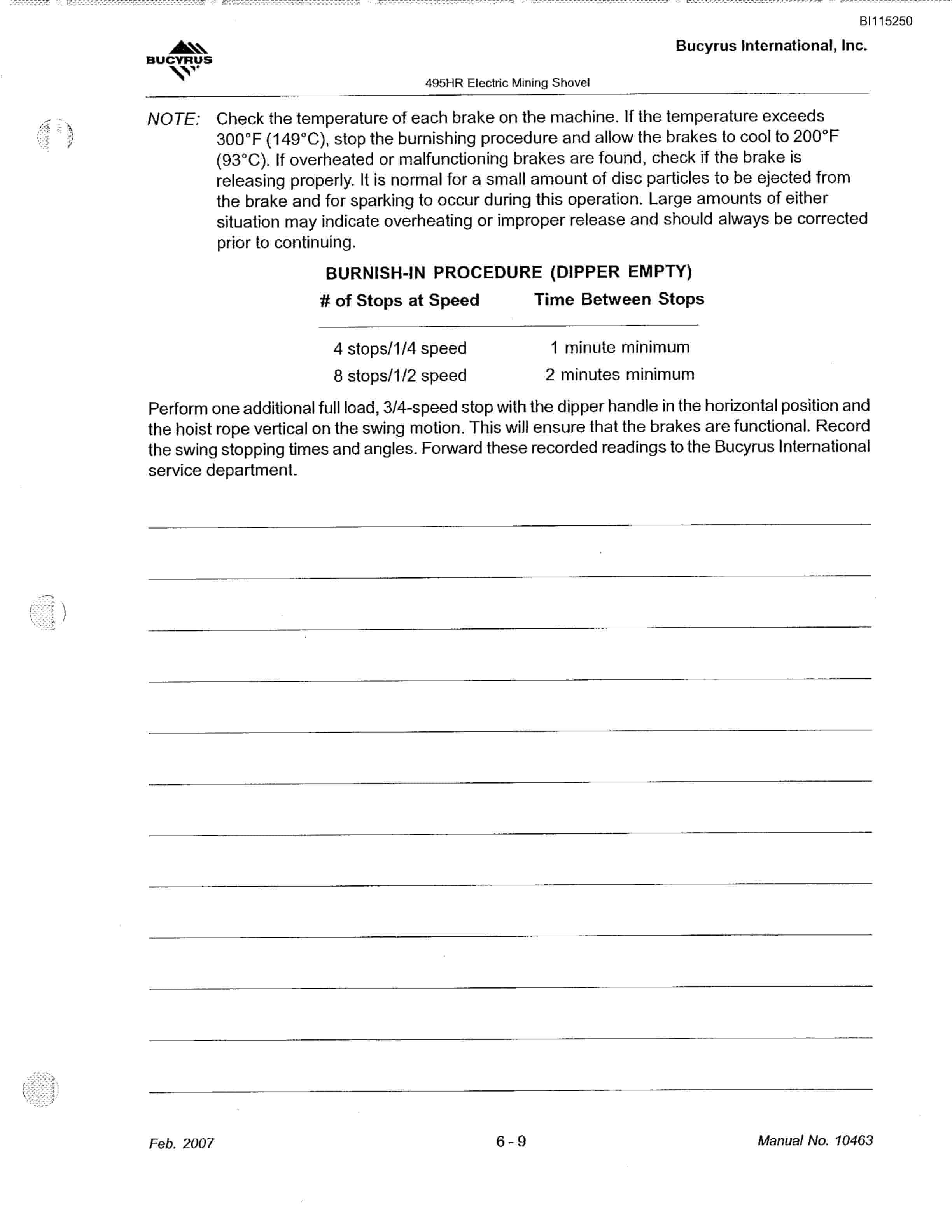 Bucyrus 495HR Mining Shovel Technical Manual BI115250-5