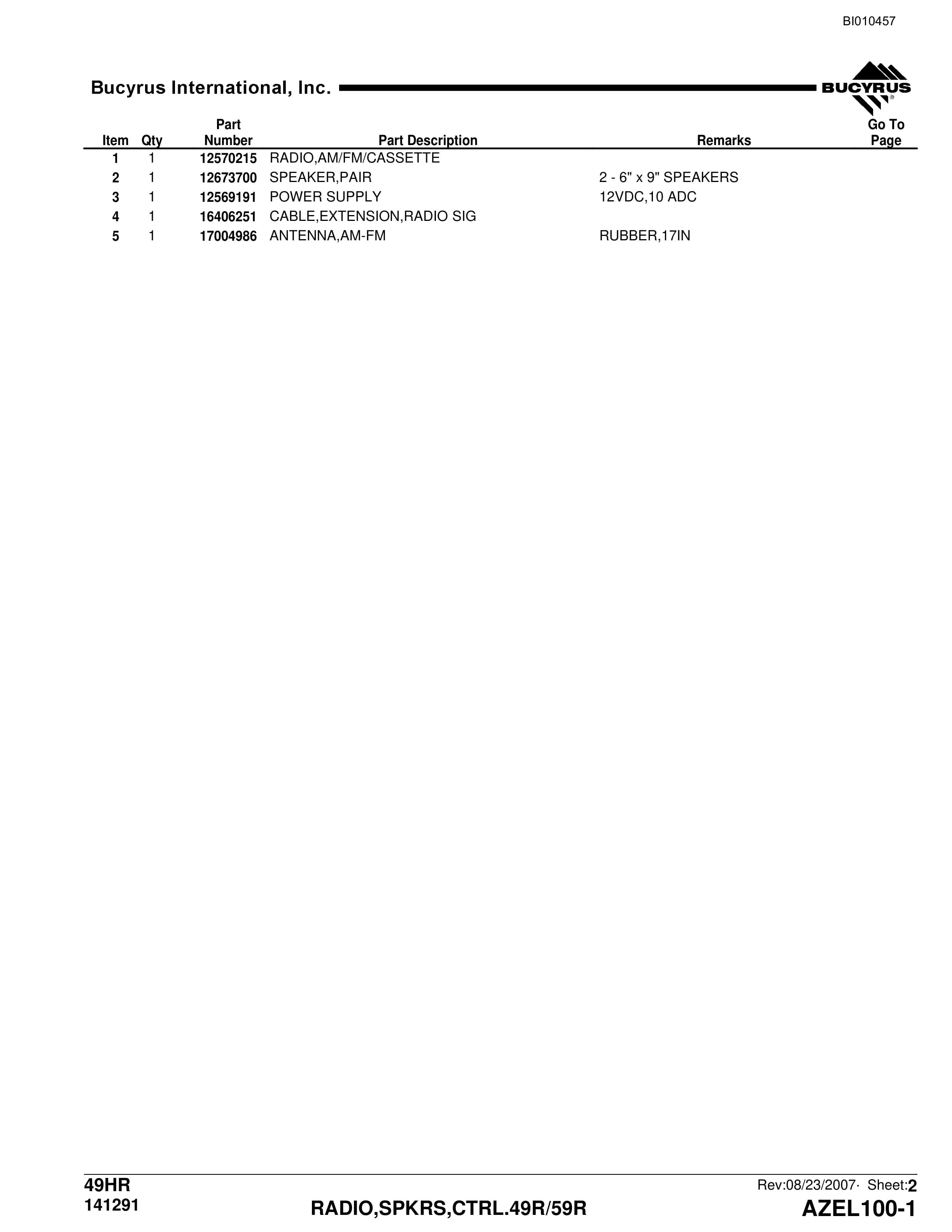 Bucyrus 49HR Parts Catalog BI010457-2