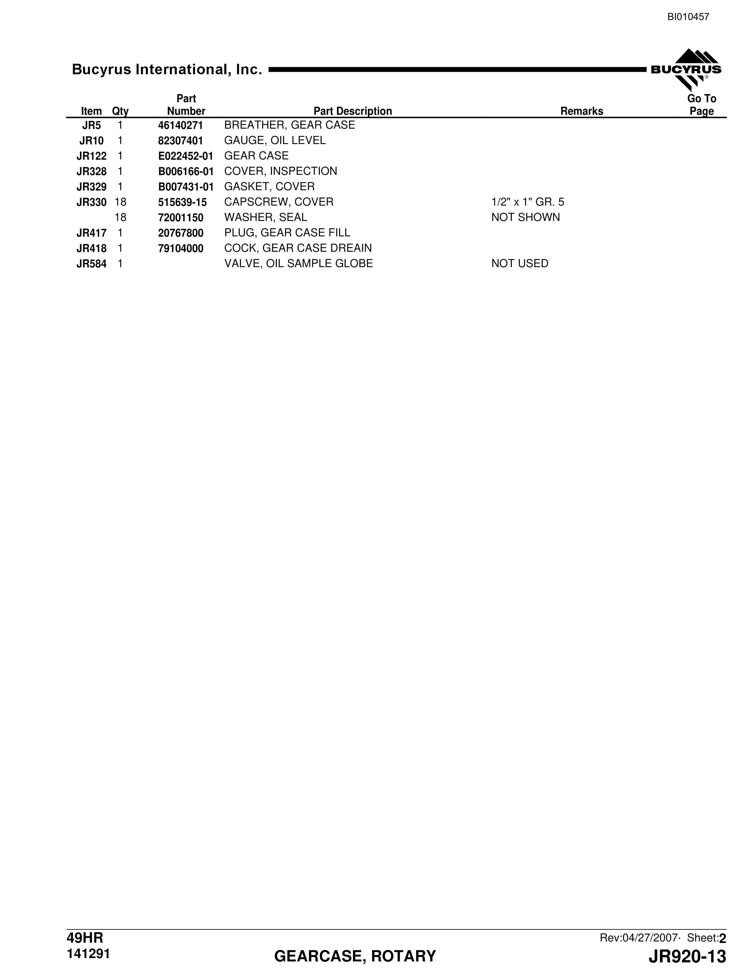 Bucyrus 49HR Parts Catalog BI010457-5