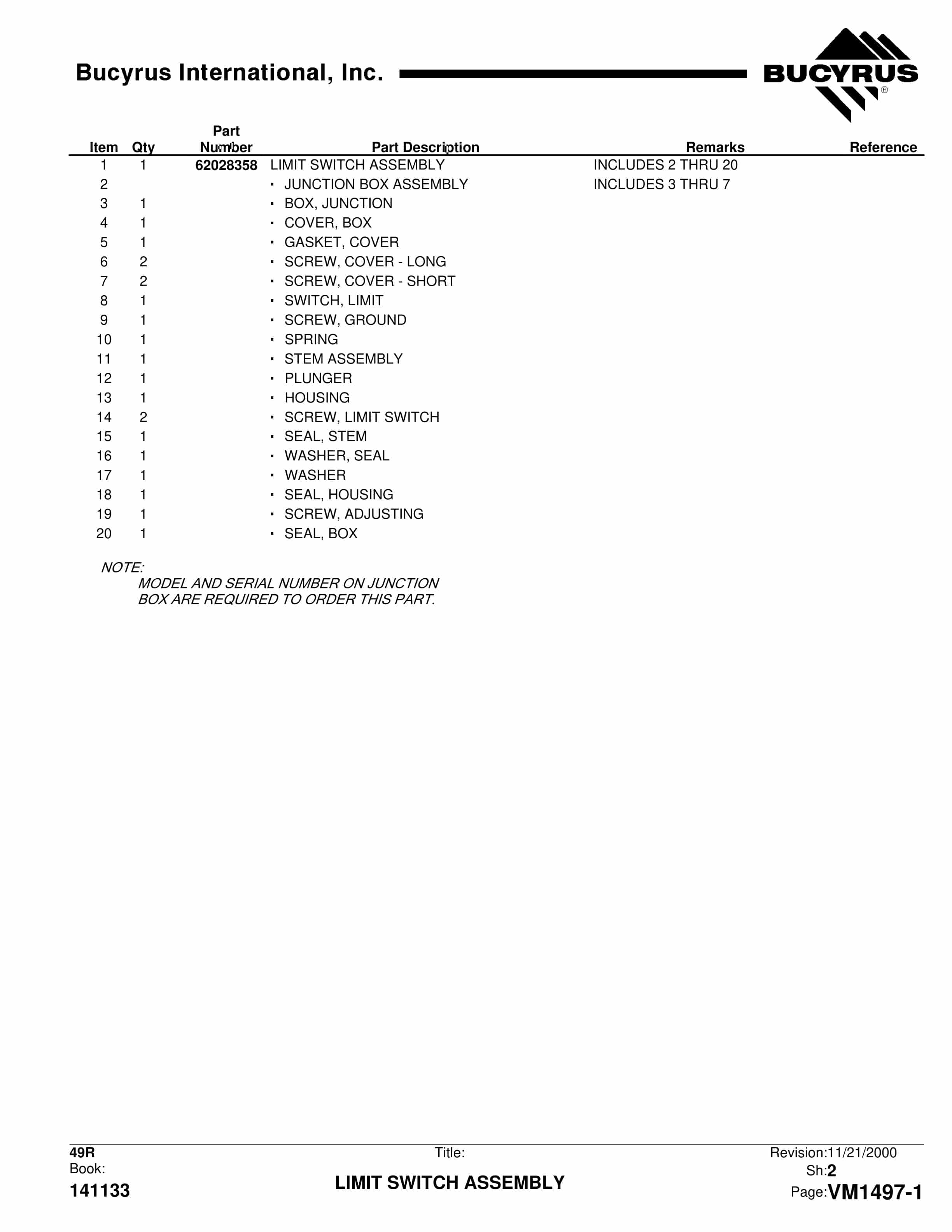 Bucyrus 49R Parts Manual BI018958-5