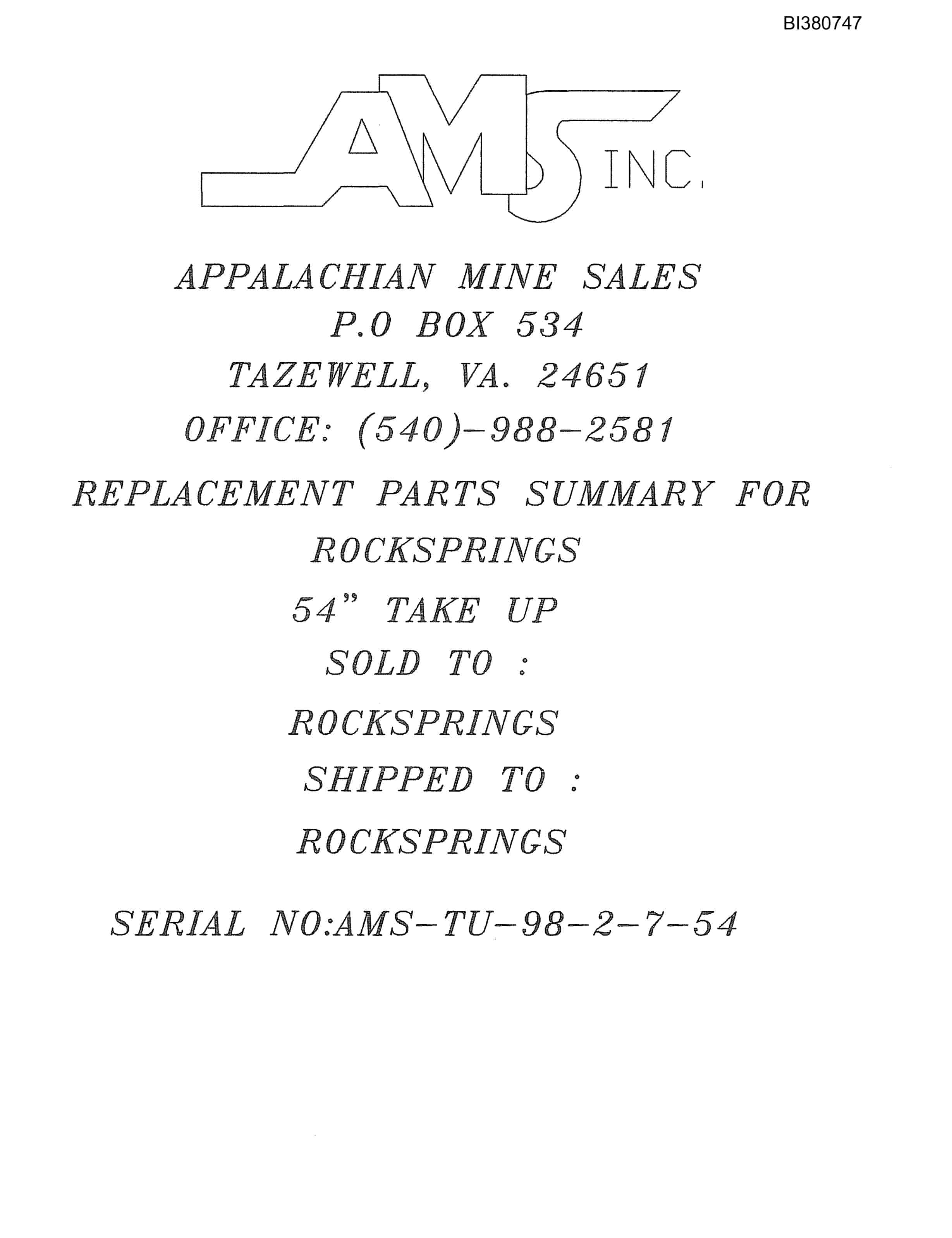 Bucyrus 54in Dual Drive, Tailpiece, Take-Up, Remote Boom Parts Catalog BI380747-5