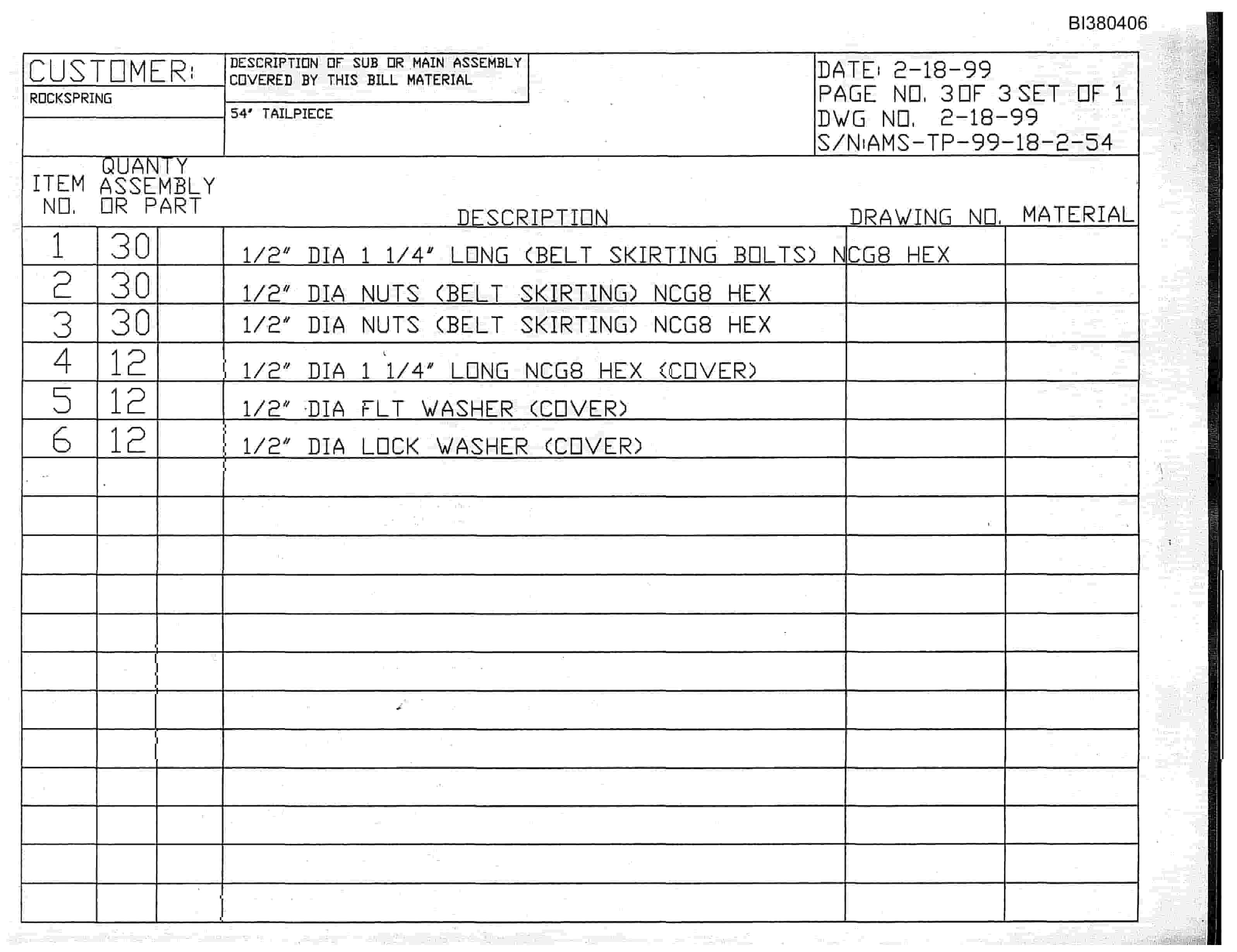 Bucyrus 54in Tailpiece Parts Catalog BI380406-3