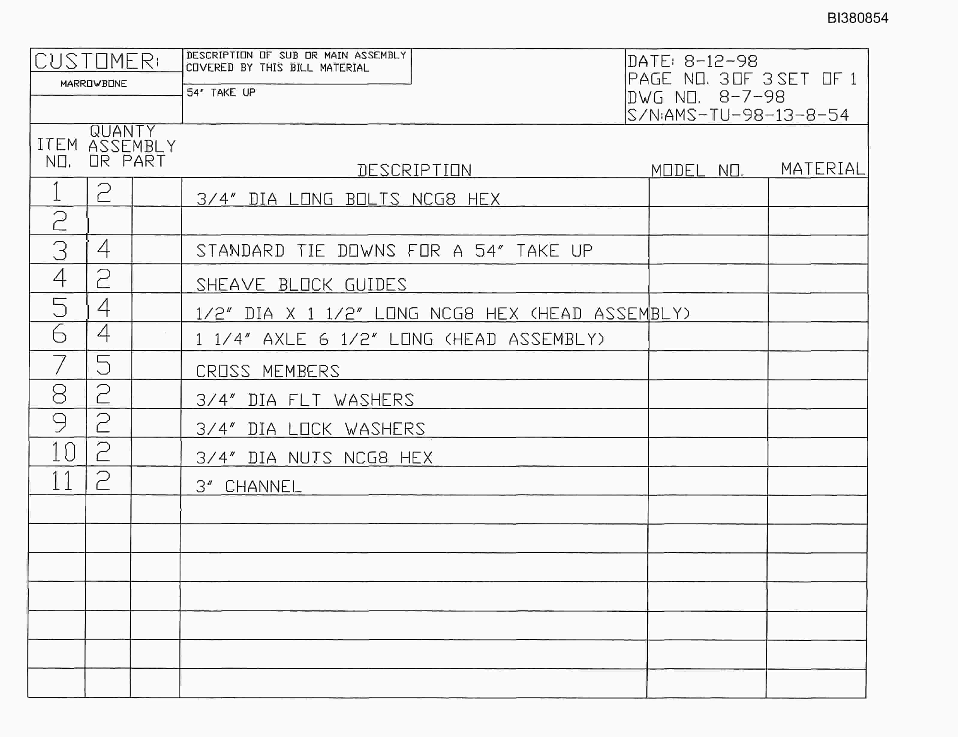 Bucyrus 54in Take-Up Parts Catalog BI380854-4