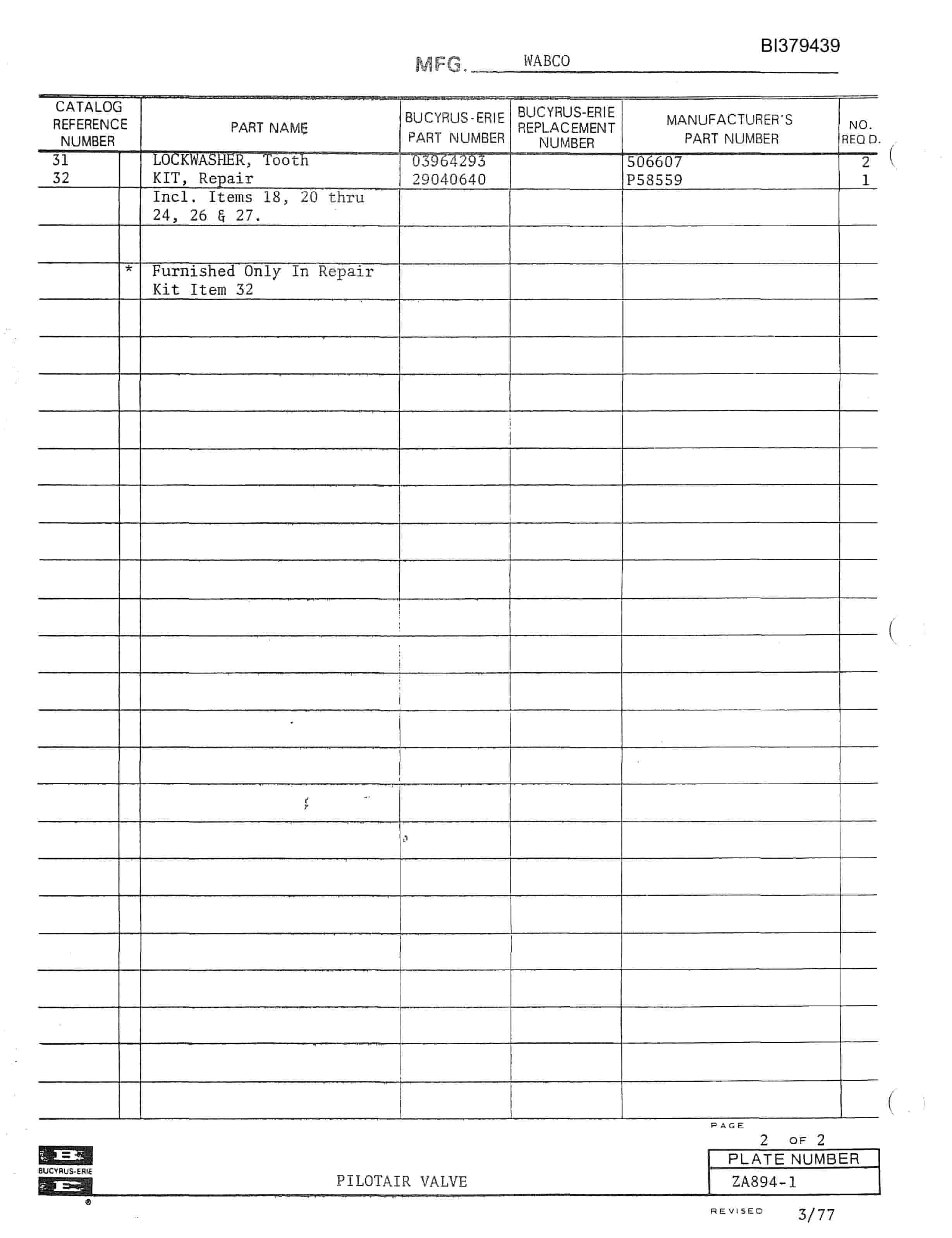 Bucyrus 60-R, 61-R Drill Parts Catalog BI379439-5