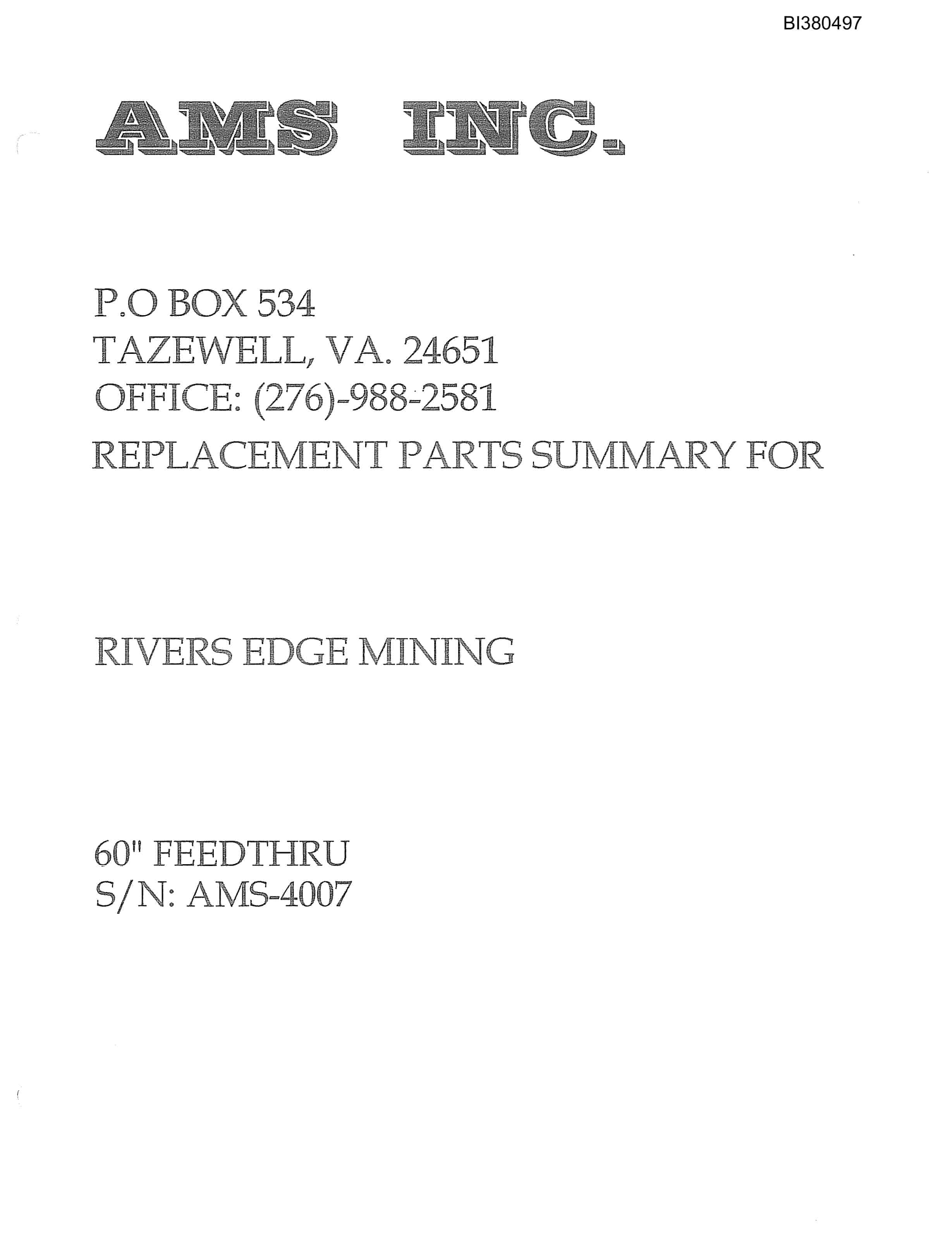 Bucyrus 60in Feed Thru Parts Catalog BI380497-3