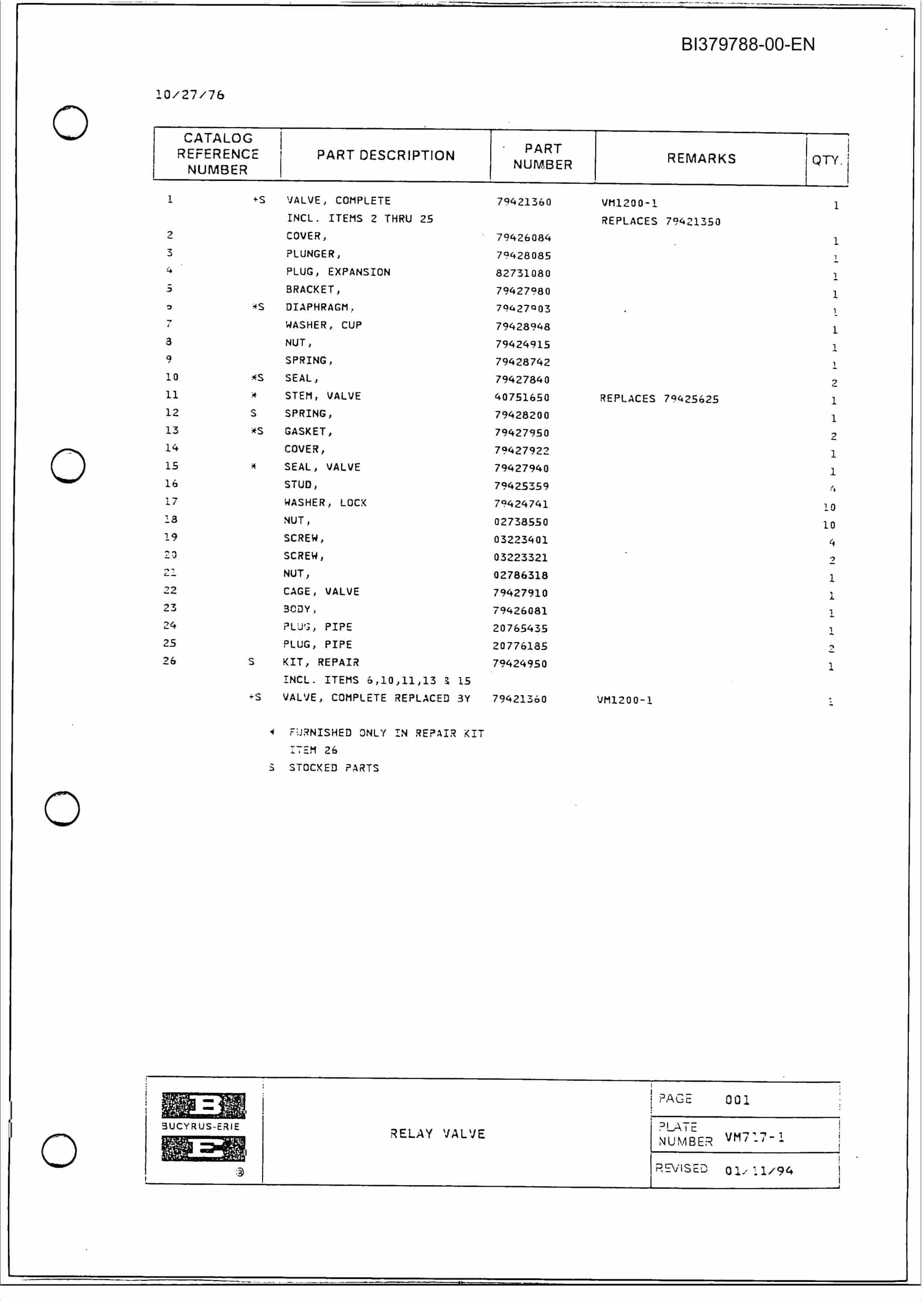 Bucyrus 60R Blast Hole Drill Parts Catalog BI379788-2