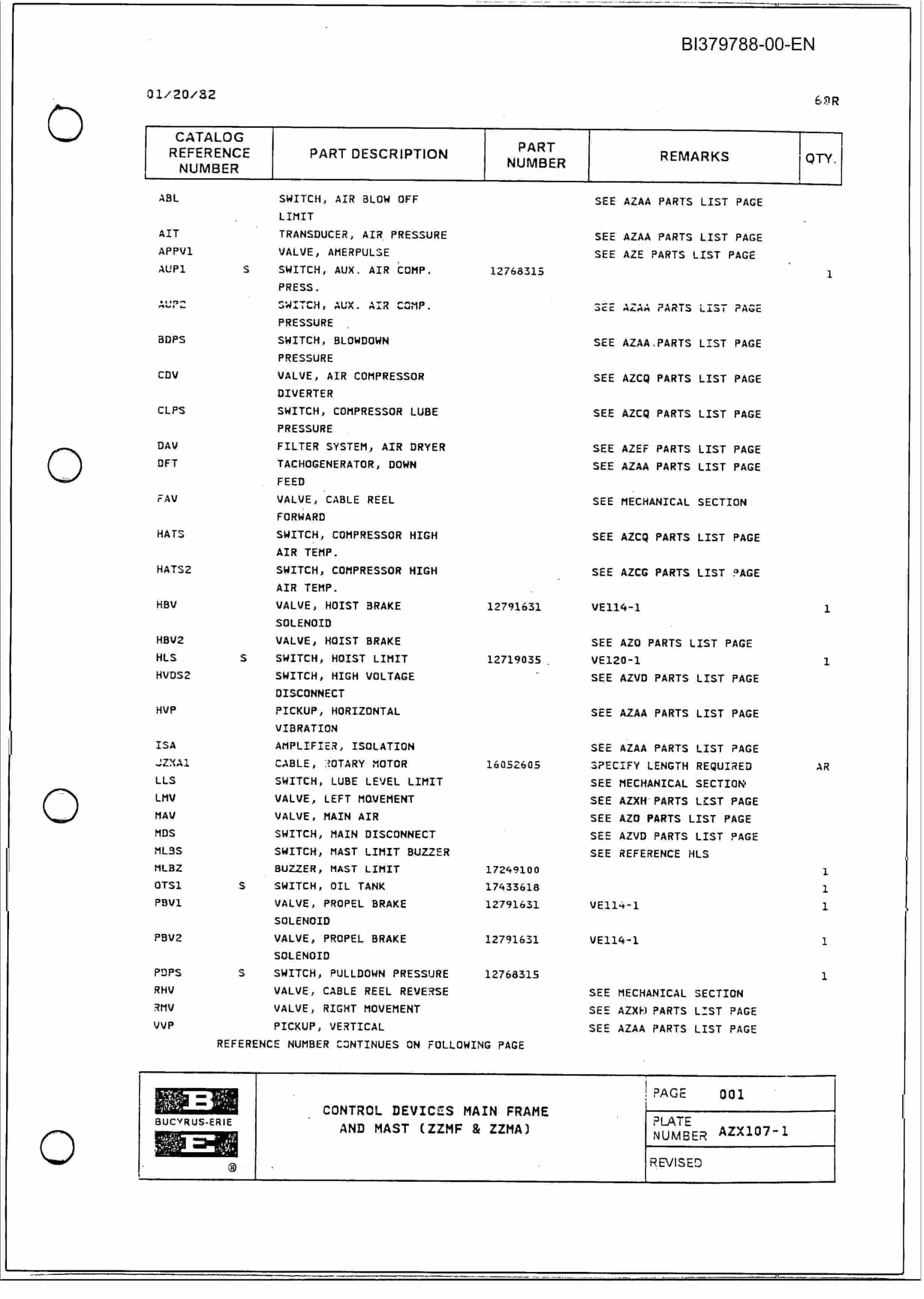 Bucyrus 60R Blast Hole Drill Parts Catalog BI379788-5
