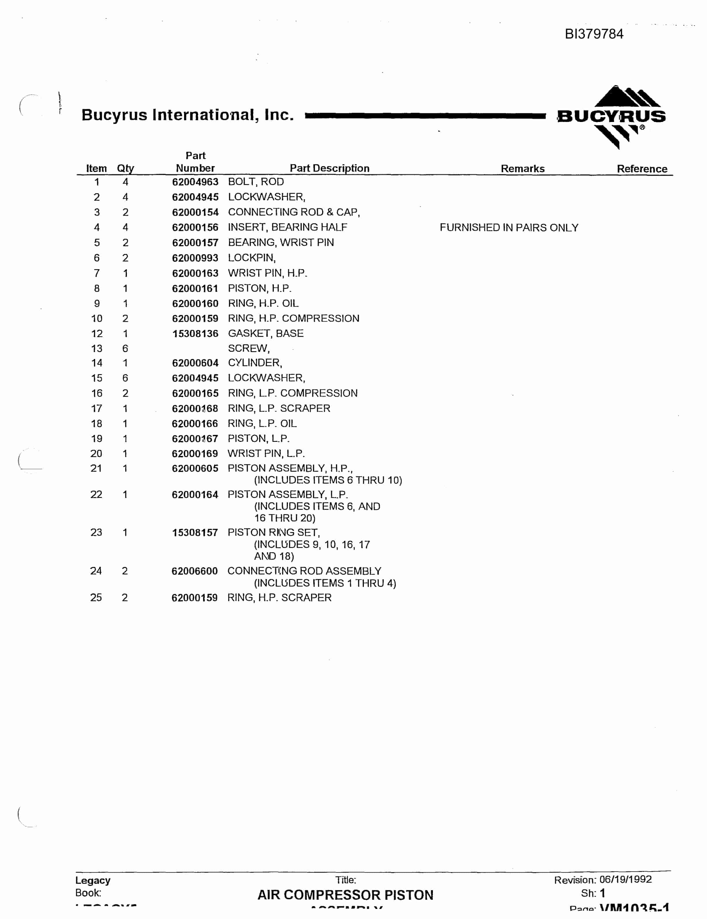 Bucyrus 60R Blast Hole Drill Parts Manual BI379784-3