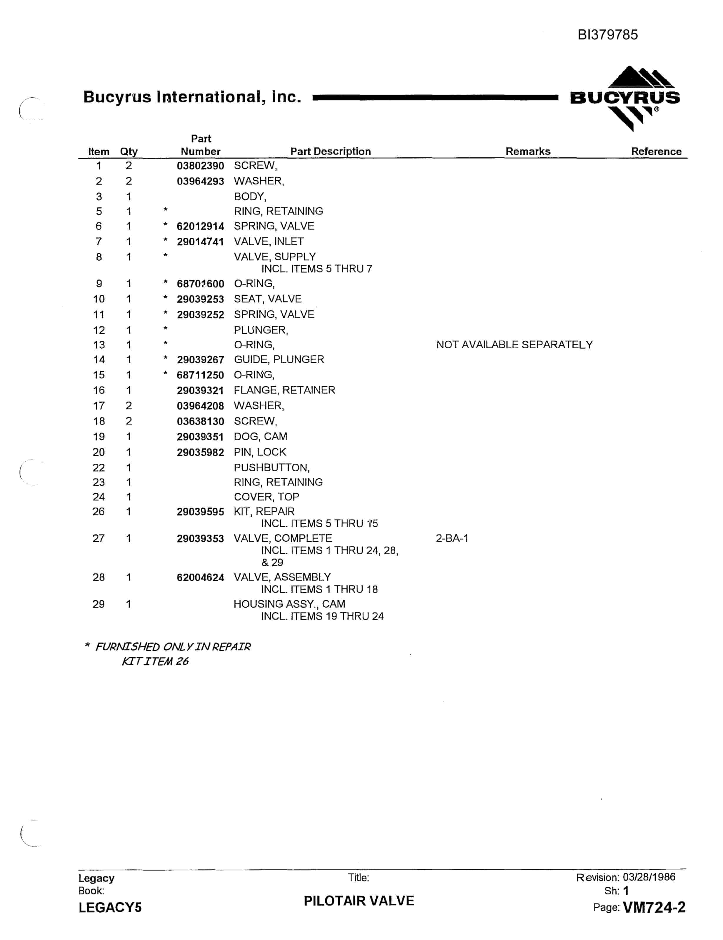 Bucyrus 60R Blast Hole Drill Parts Manual BI379785-2