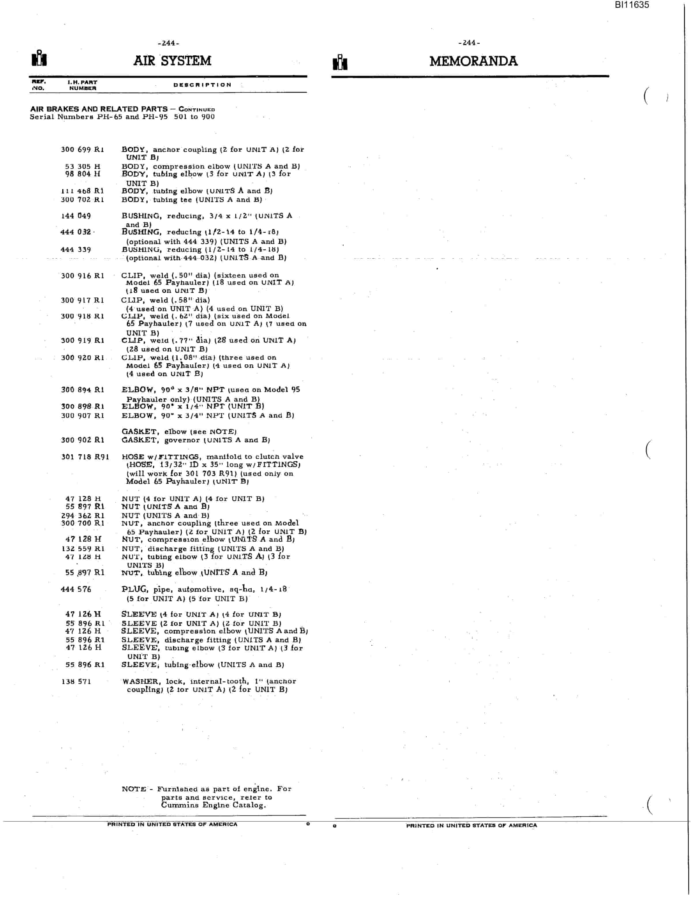 Bucyrus 65, 95 Pay Hauler Parts Catalog BI116135-2