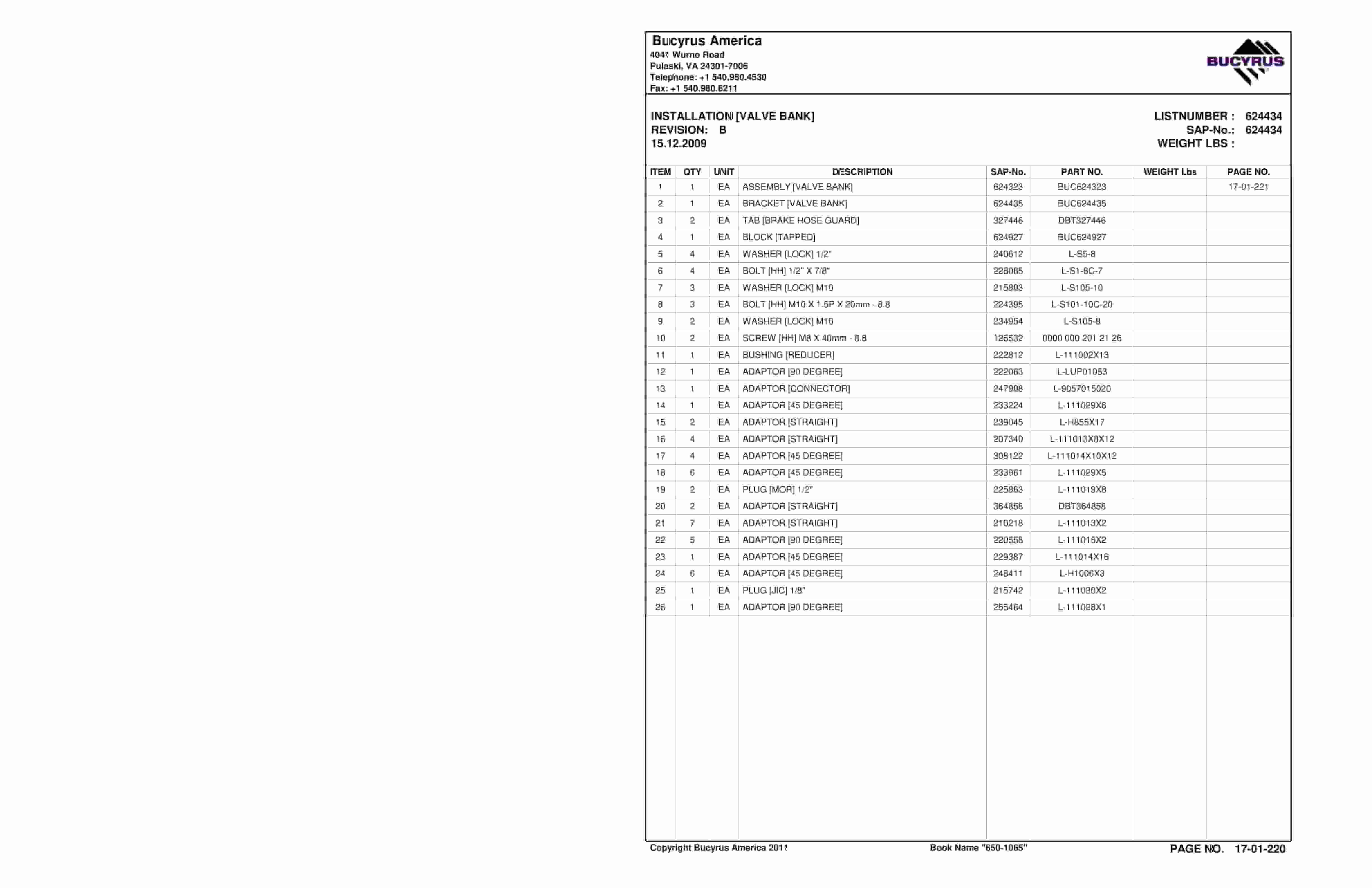 Bucyrus 650-1065 Canyon Fuel Company LLC Spare Parts List BI016821-3