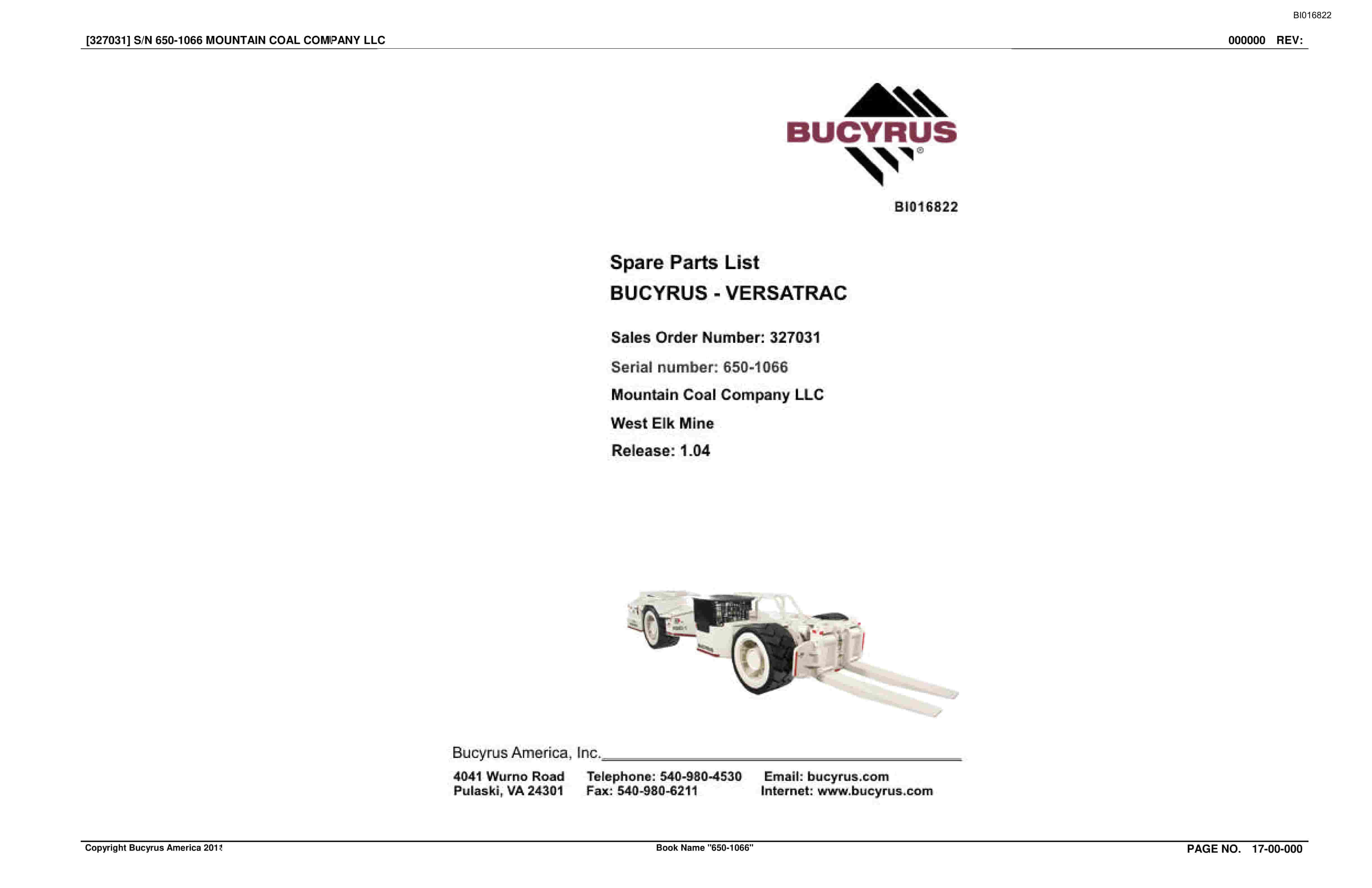 Bucyrus 650-1066 Mountain Coal Company LLC Spare Parts List BI016822