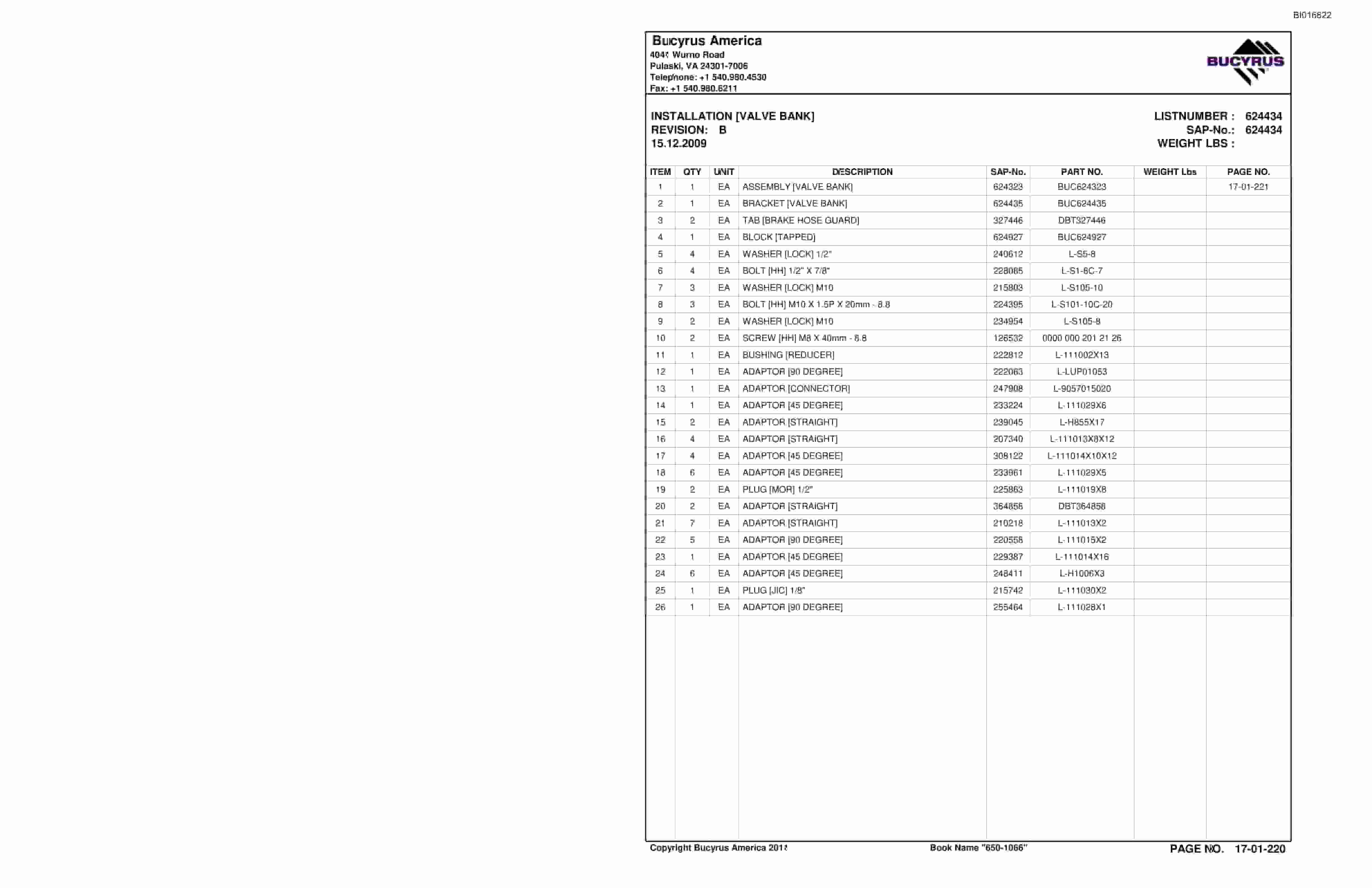 Bucyrus 650-1066 Mountain Coal Company LLC Spare Parts List BI016822-3