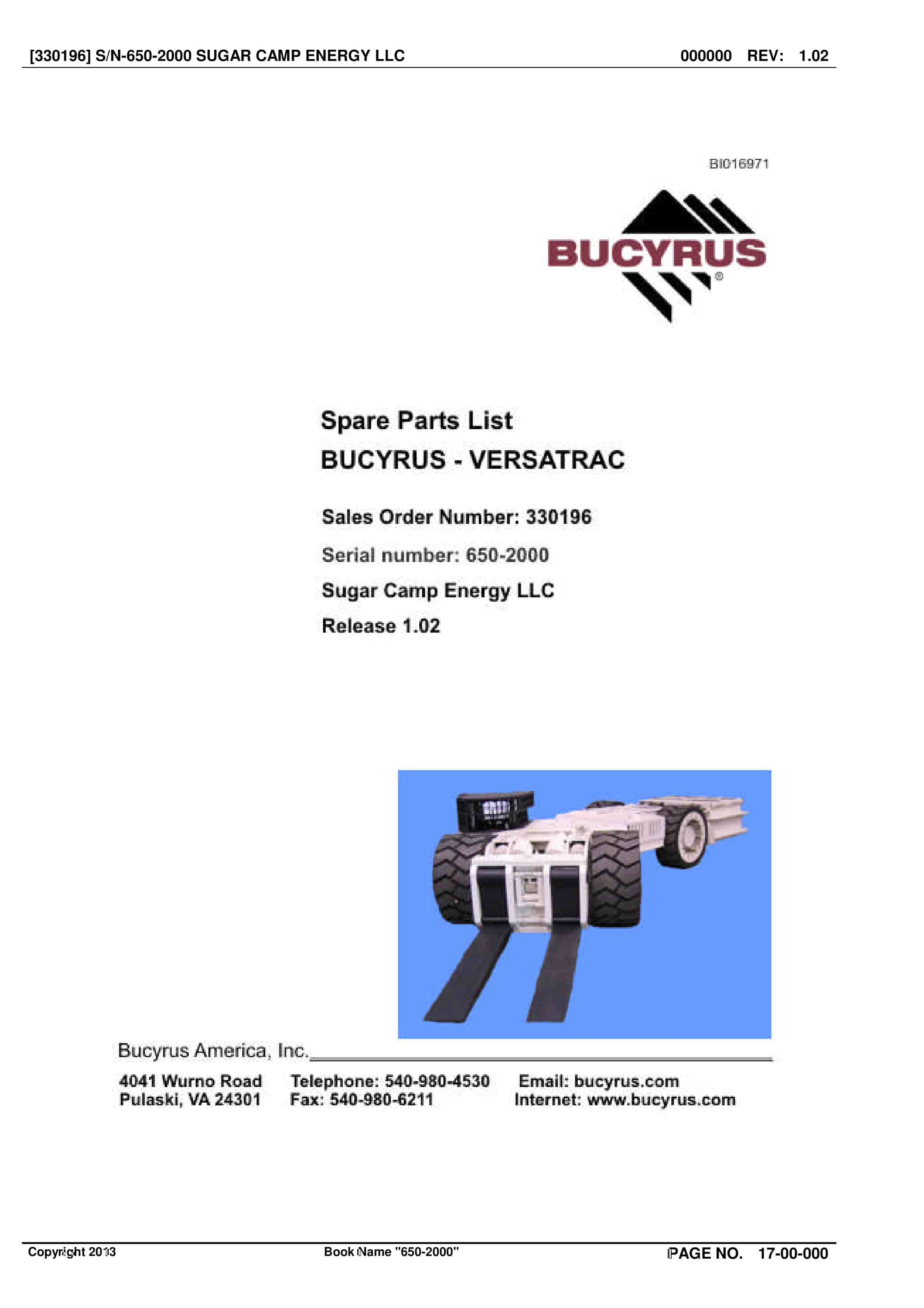 Bucyrus 650-2000 Sugar Camp Energy LLC Spare Parts List BI016971
