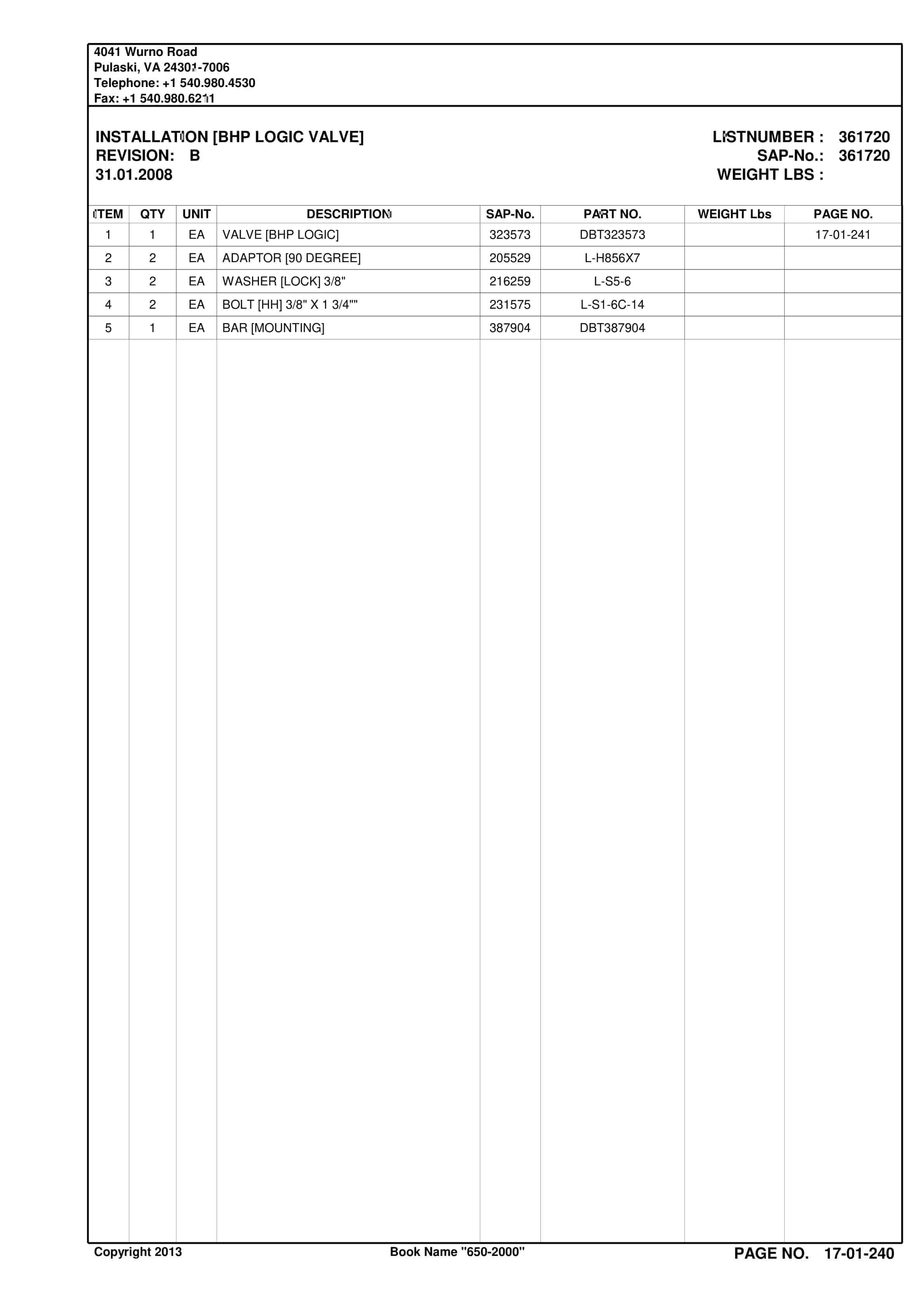 Bucyrus 650-2000 Sugar Camp Energy LLC Spare Parts List BI016971-5