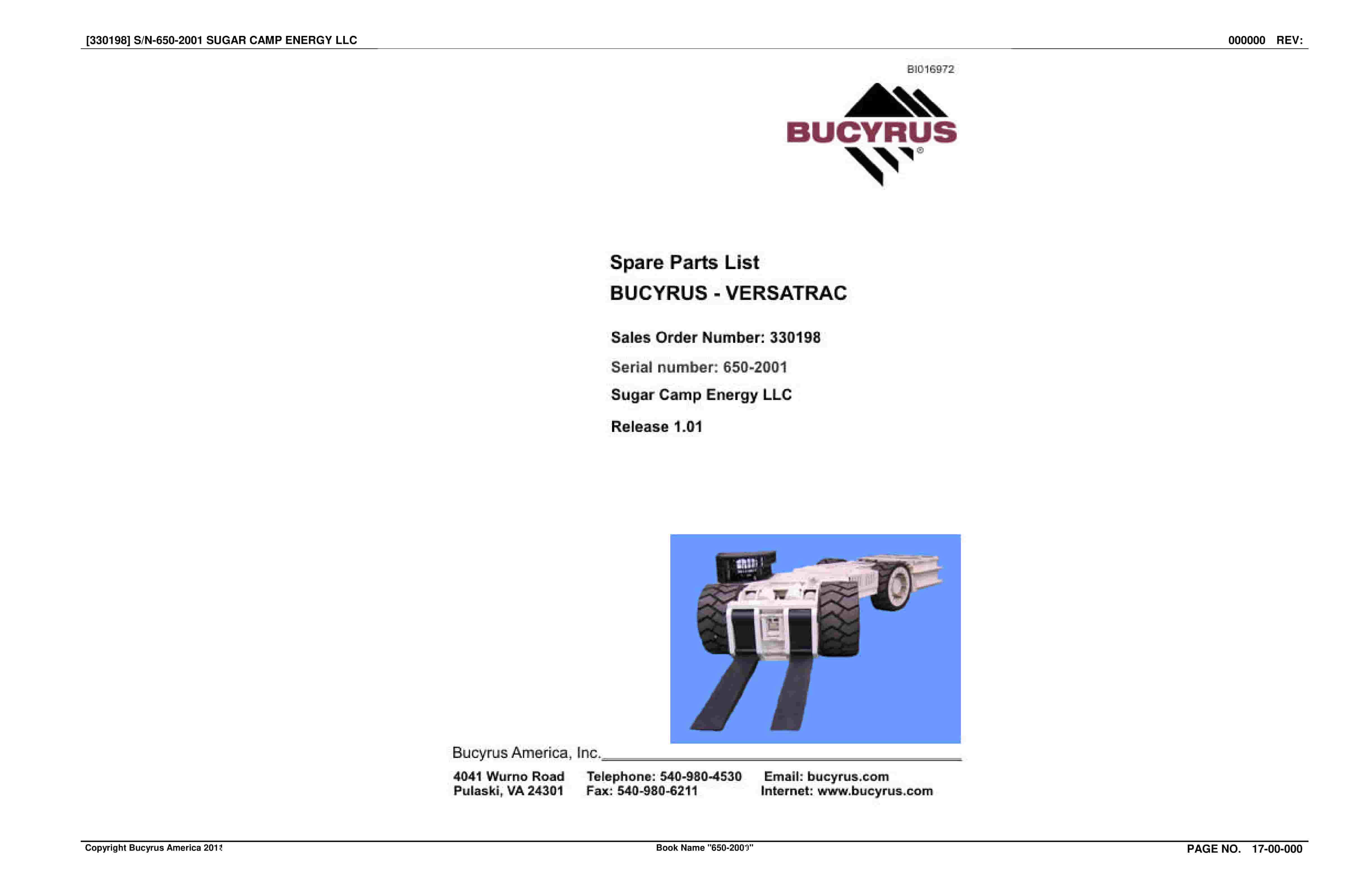 Bucyrus 650-2001 Sugar Camp Energy LLC Spare Parts List BI016972