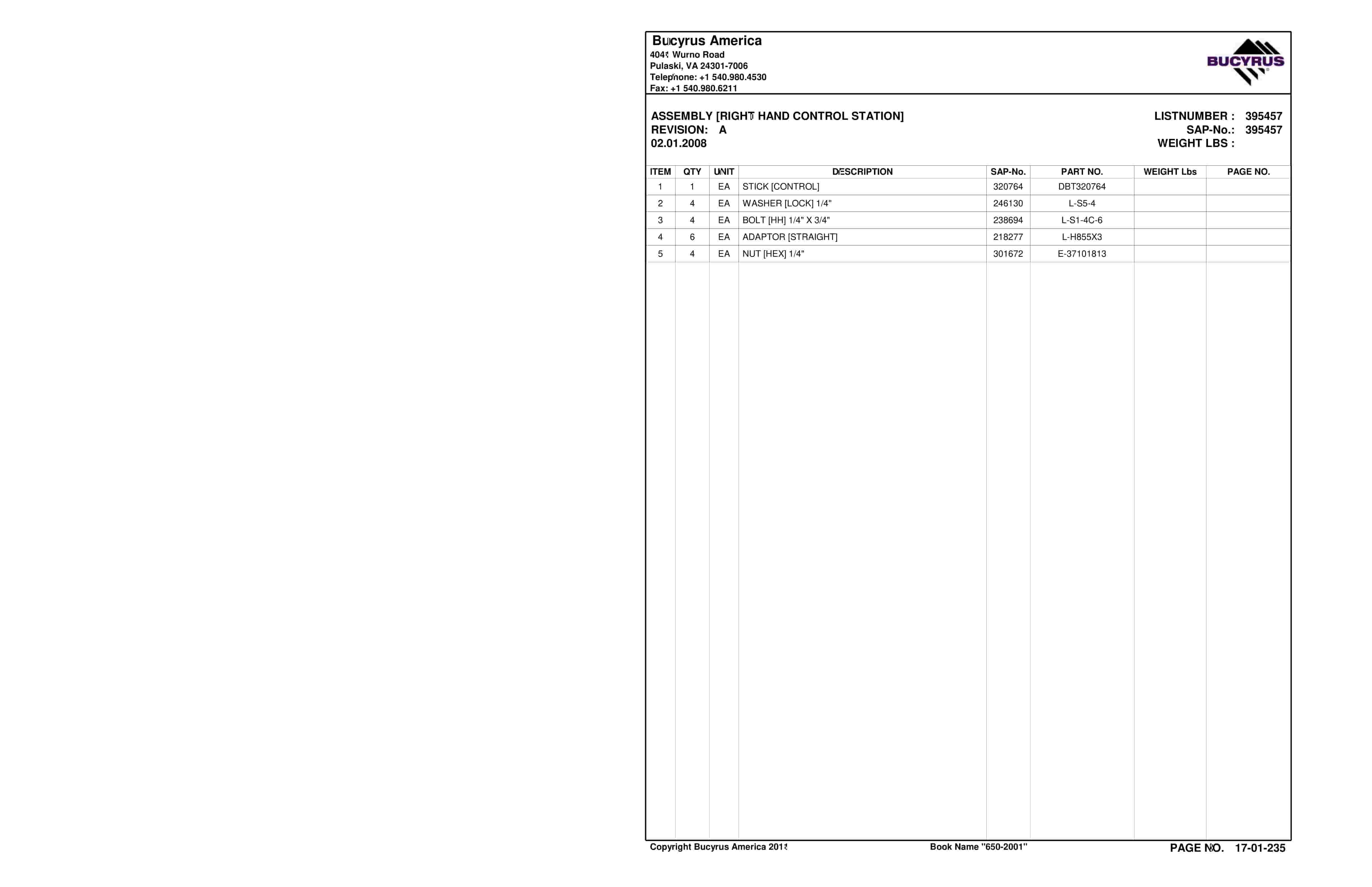 Bucyrus 650-2001 Sugar Camp Energy LLC Spare Parts List BI016972-4