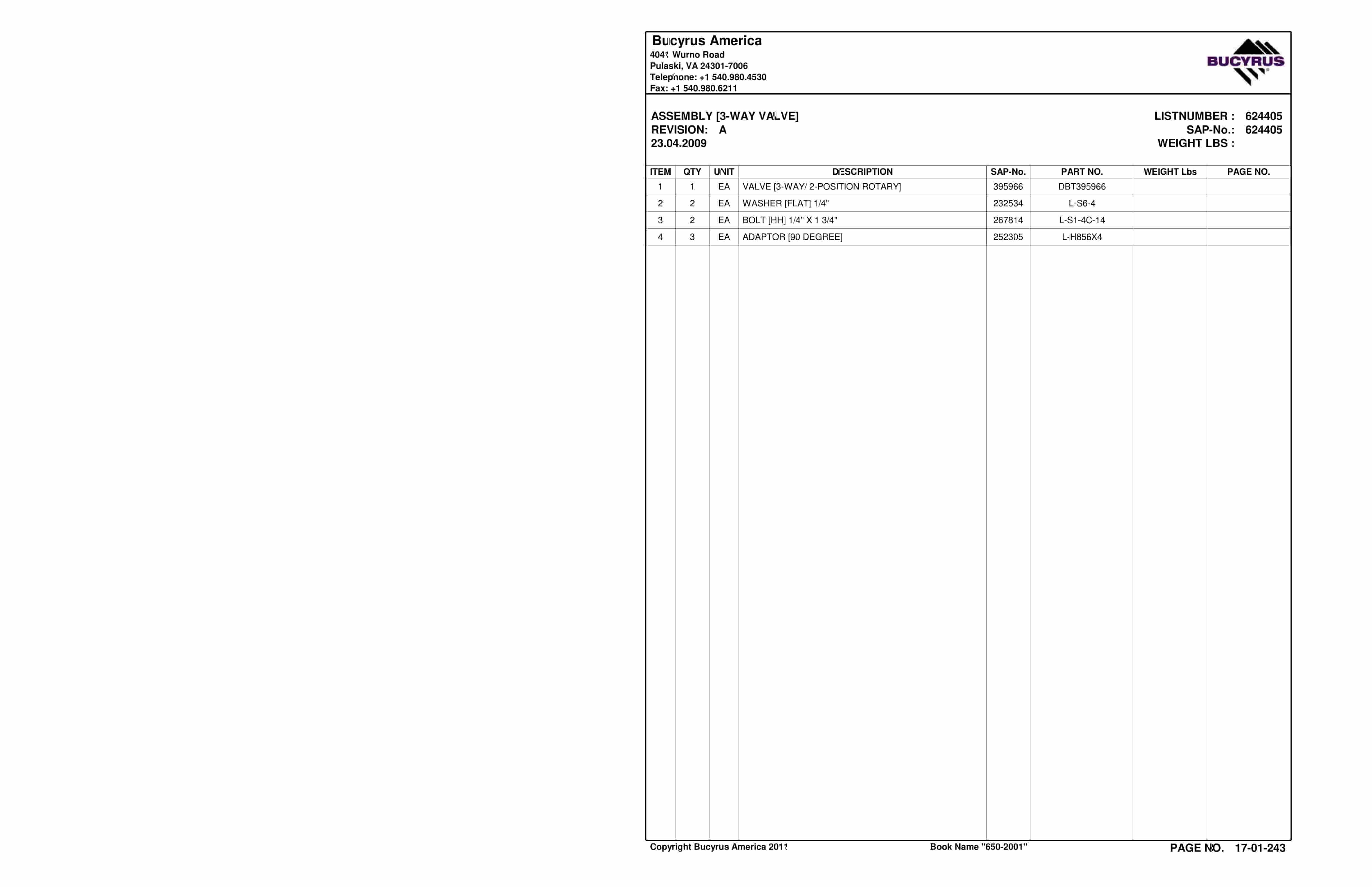Bucyrus 650-2001 Sugar Camp Energy LLC Spare Parts List BI016972-5