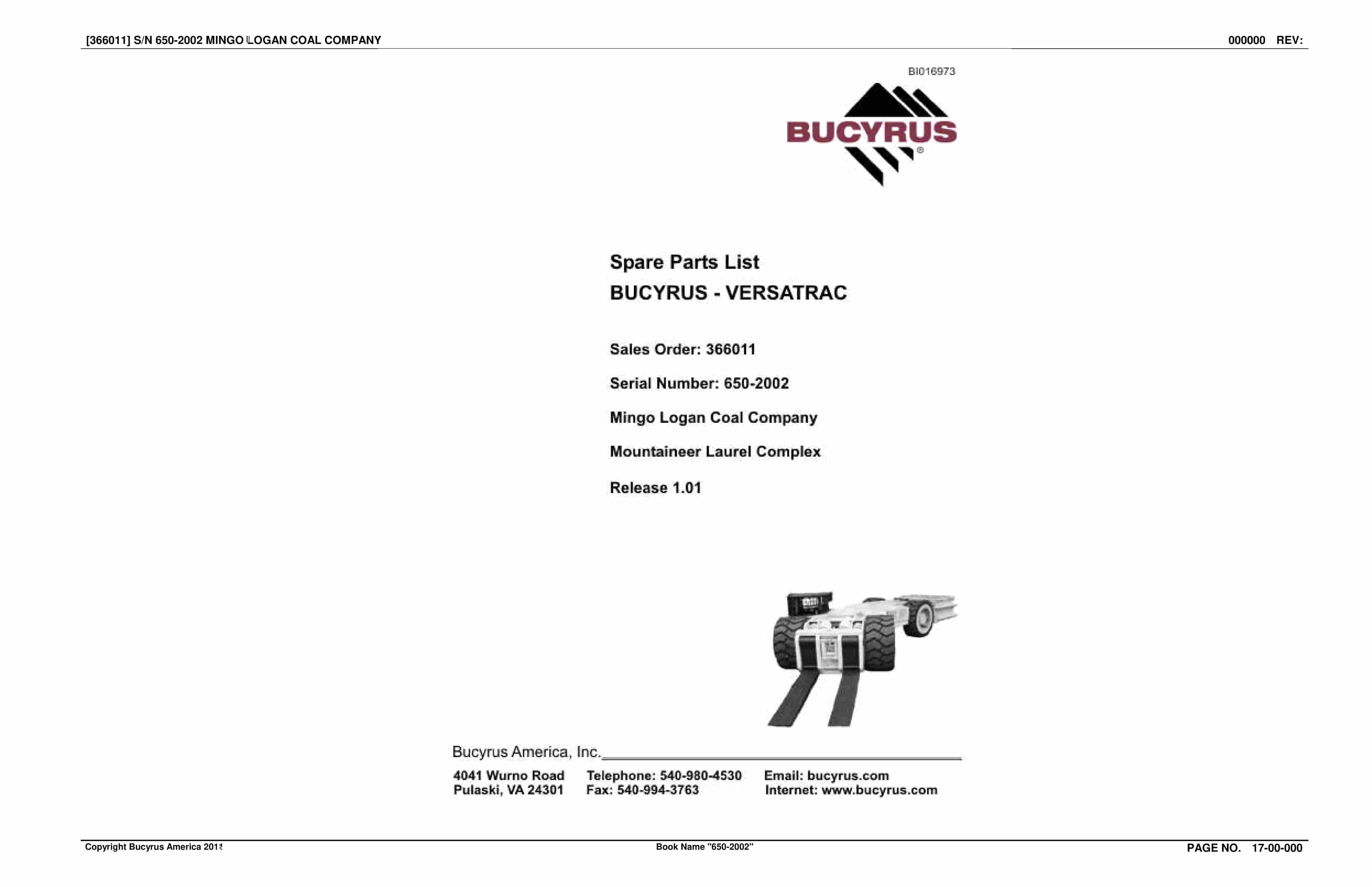 Bucyrus 650-2002 Mingo Logan Coal Company Spare Parts List BI016973