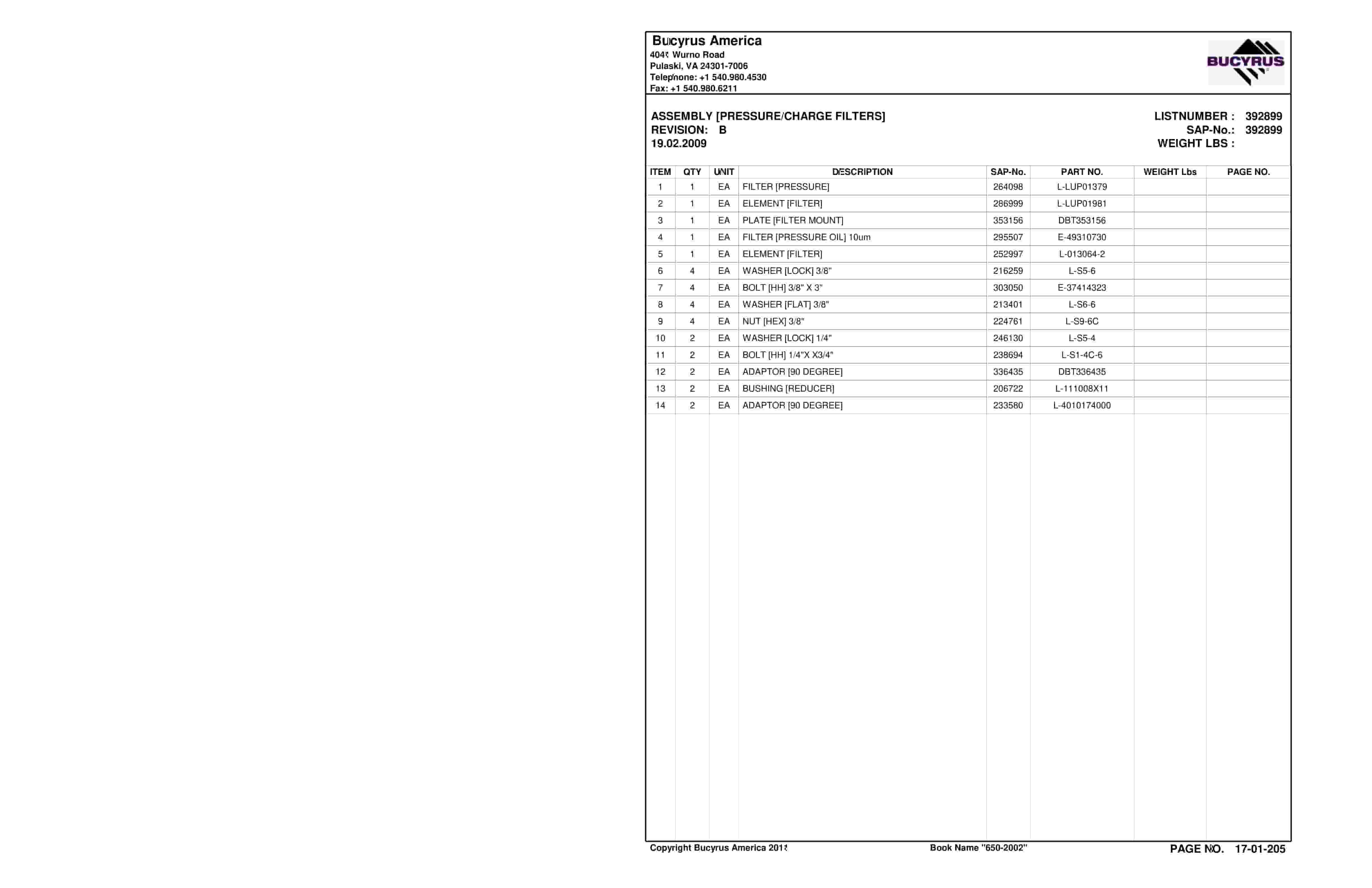Bucyrus 650-2002 Mingo Logan Coal Company Spare Parts List BI016973-2