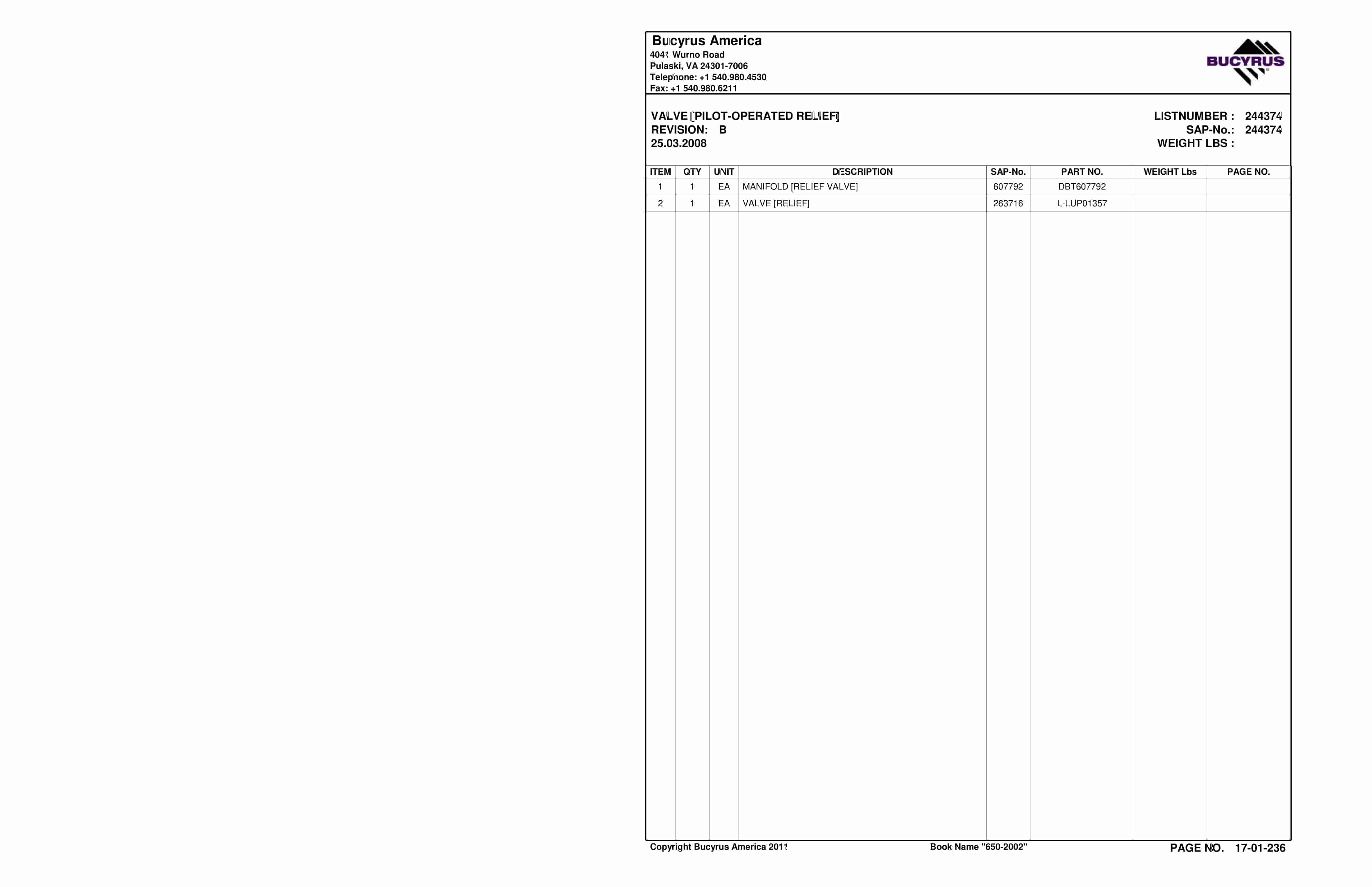 Bucyrus 650-2002 Mingo Logan Coal Company Spare Parts List BI016973-3