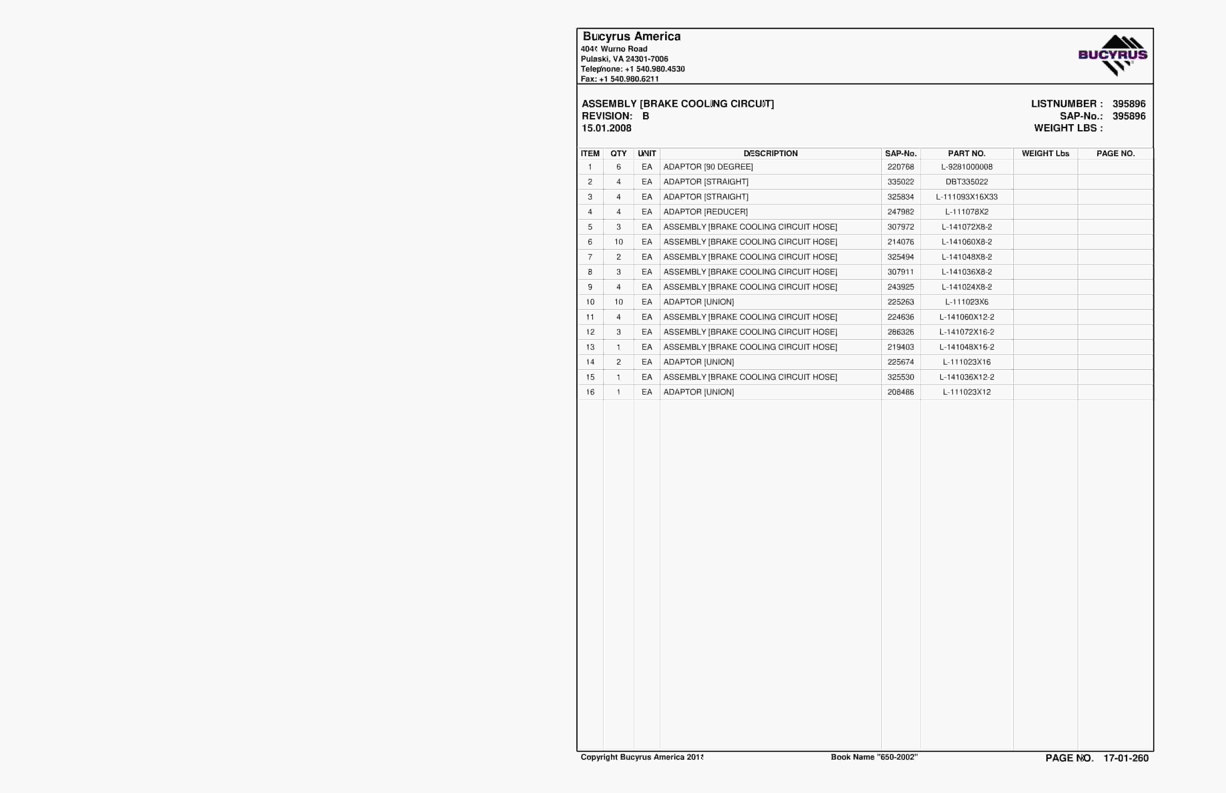 Bucyrus 650-2002 Mingo Logan Coal Company Spare Parts List BI016973-5