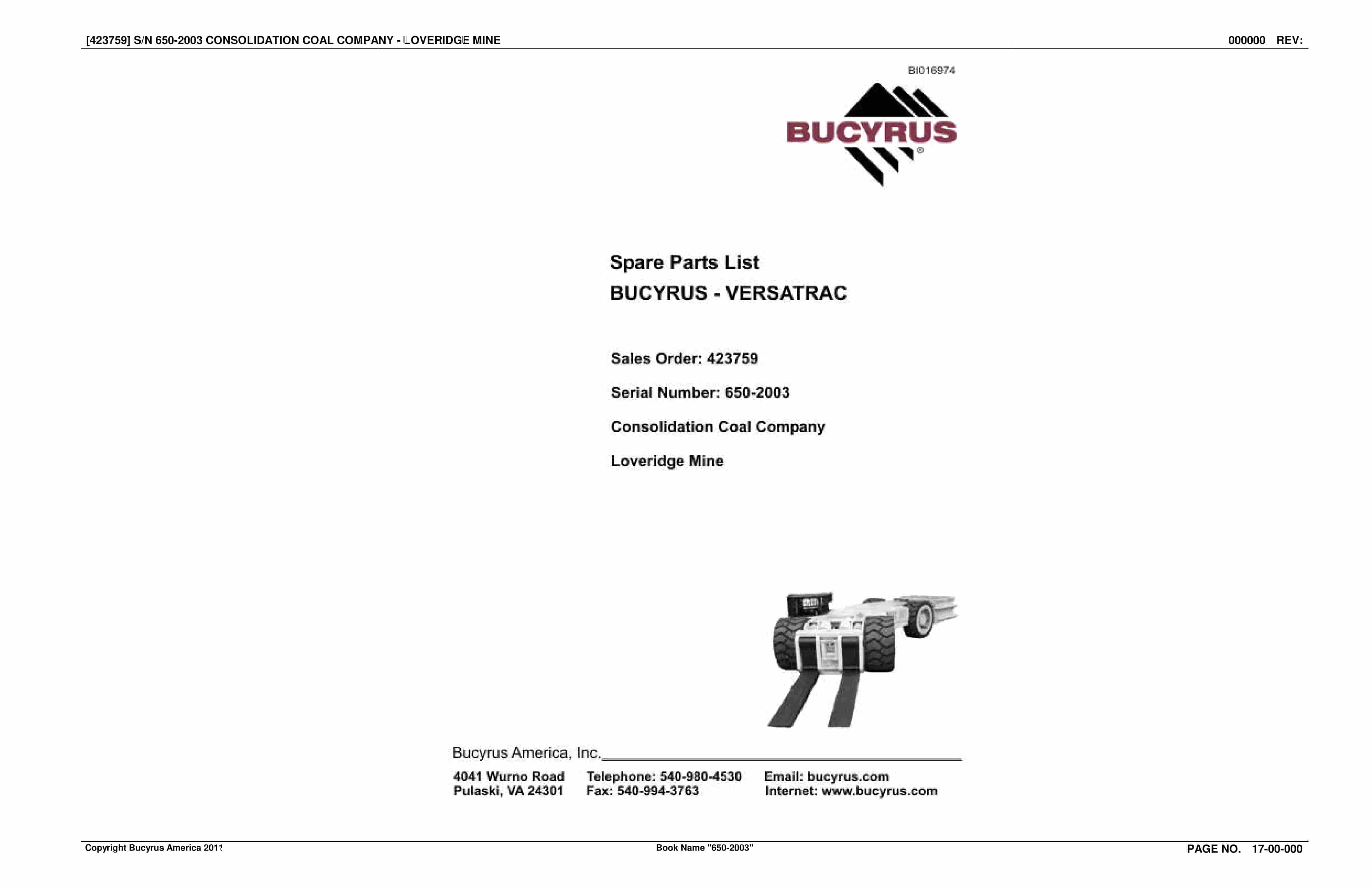 Bucyrus 650-2003 Consolidation Coal Company Spare Parts List BI016974