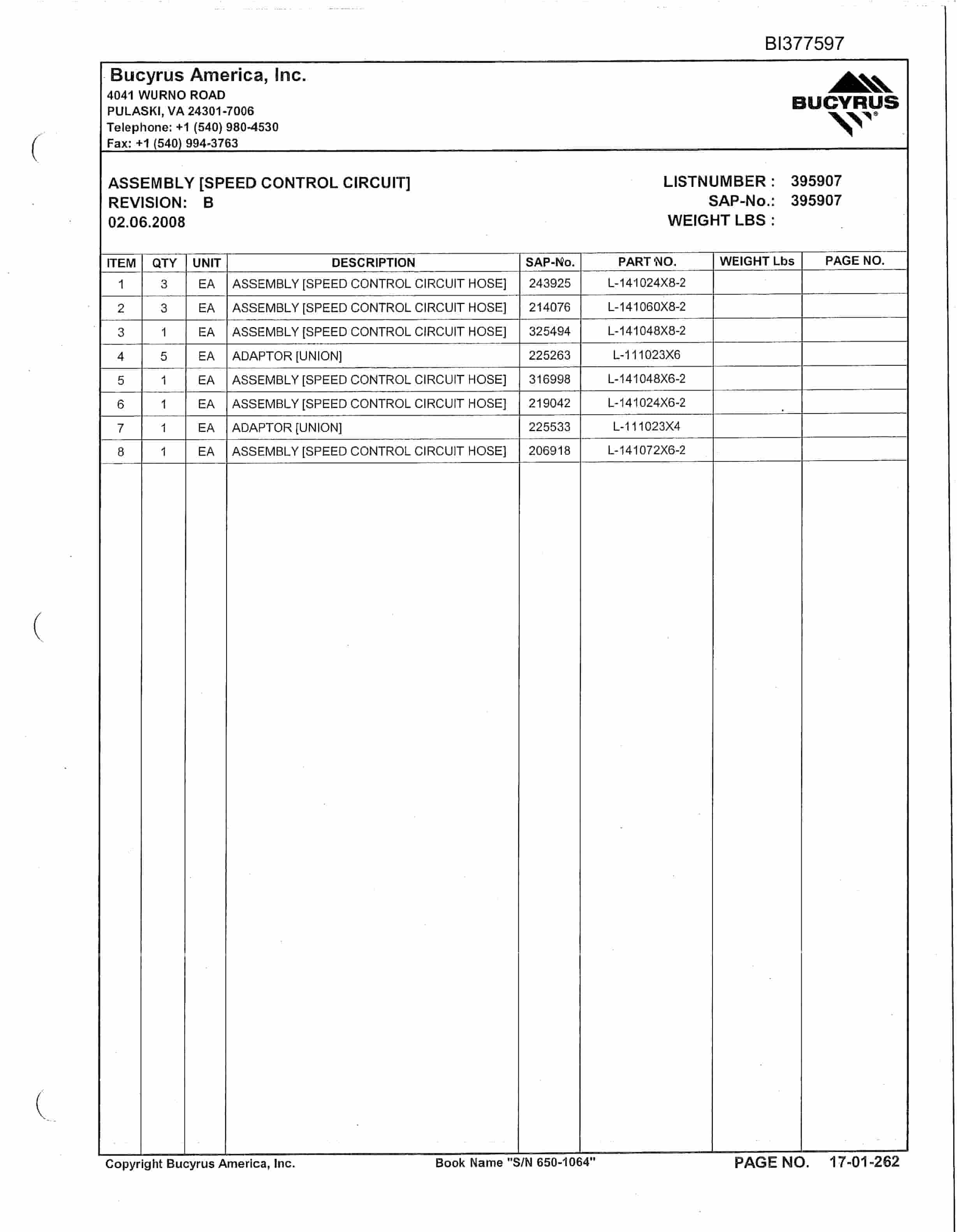 Bucyrus 650 Versatrac Parts Catalog BI377597-2
