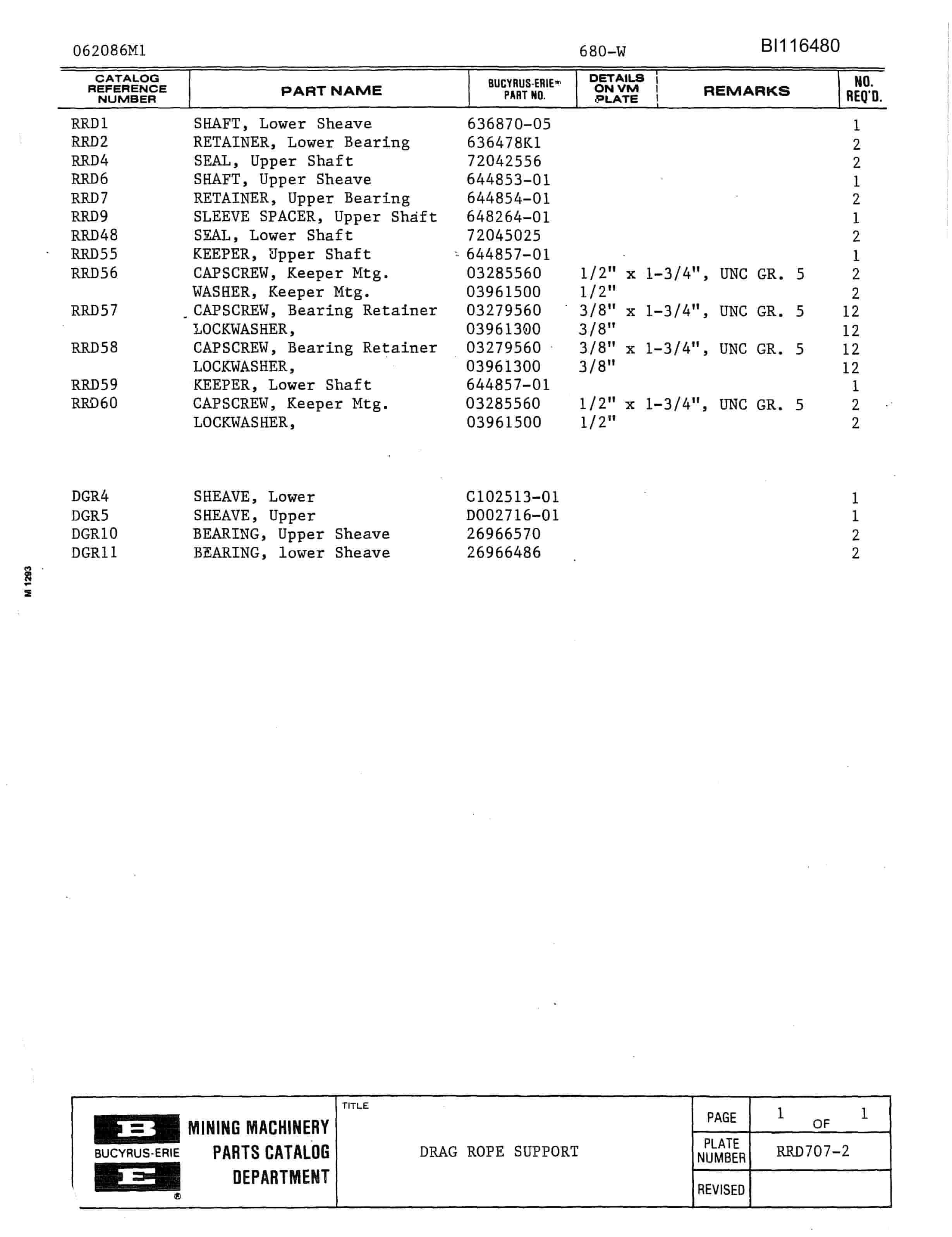 Bucyrus 680W Parts Catalog BI116480-3