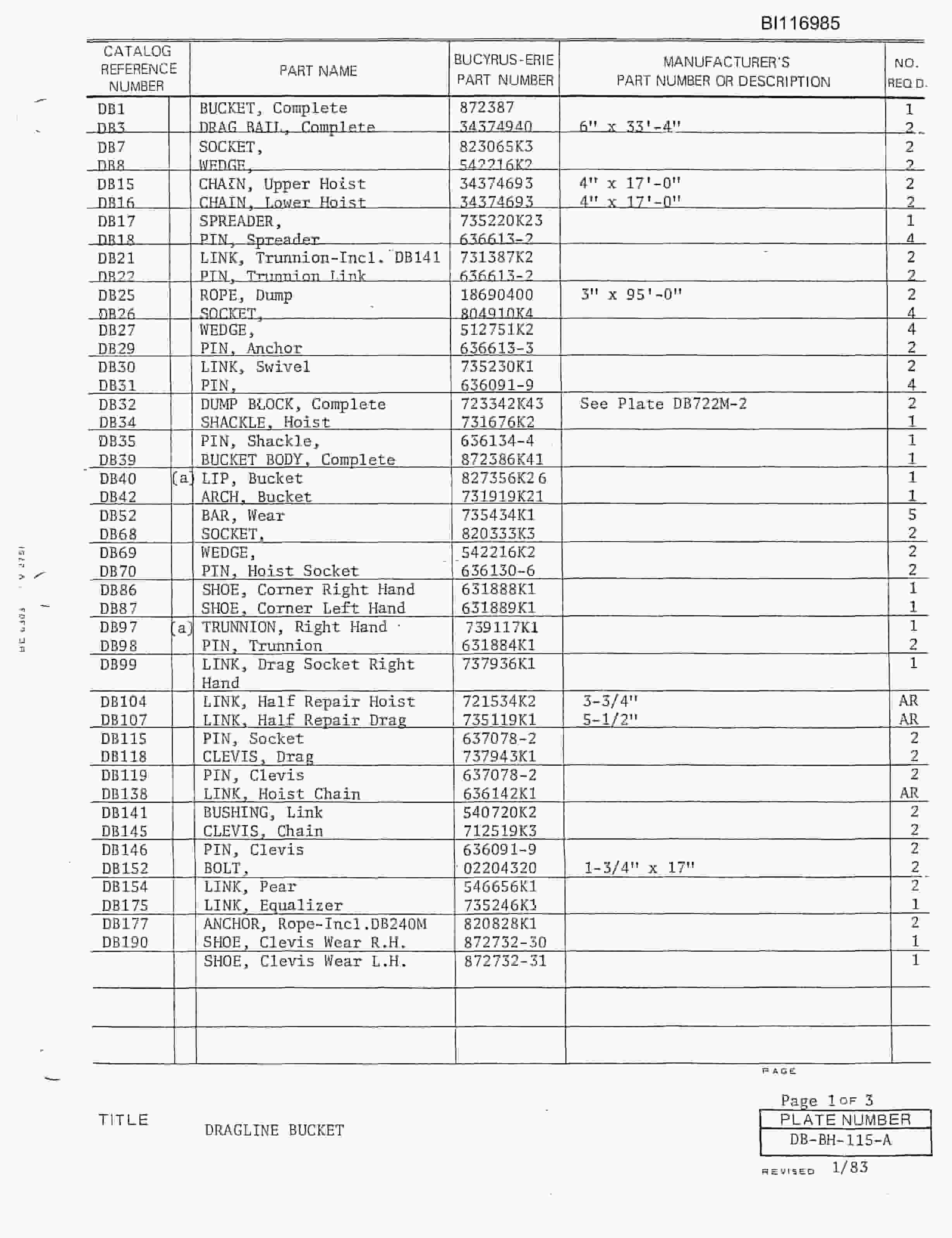 Bucyrus 680W Parts Catalog BI116985-3
