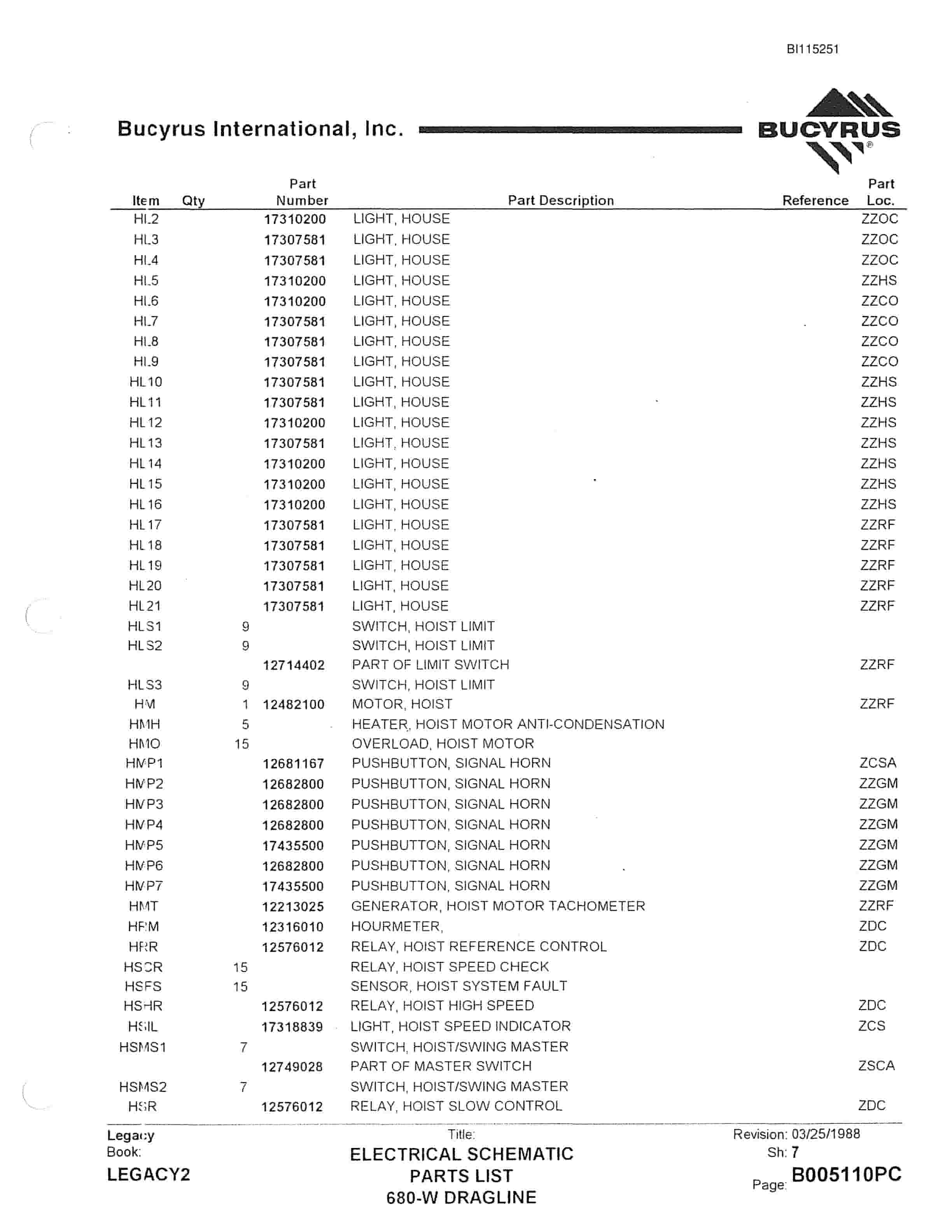 Bucyrus 680W Walking Dragline Parts Catalog BI115251-5