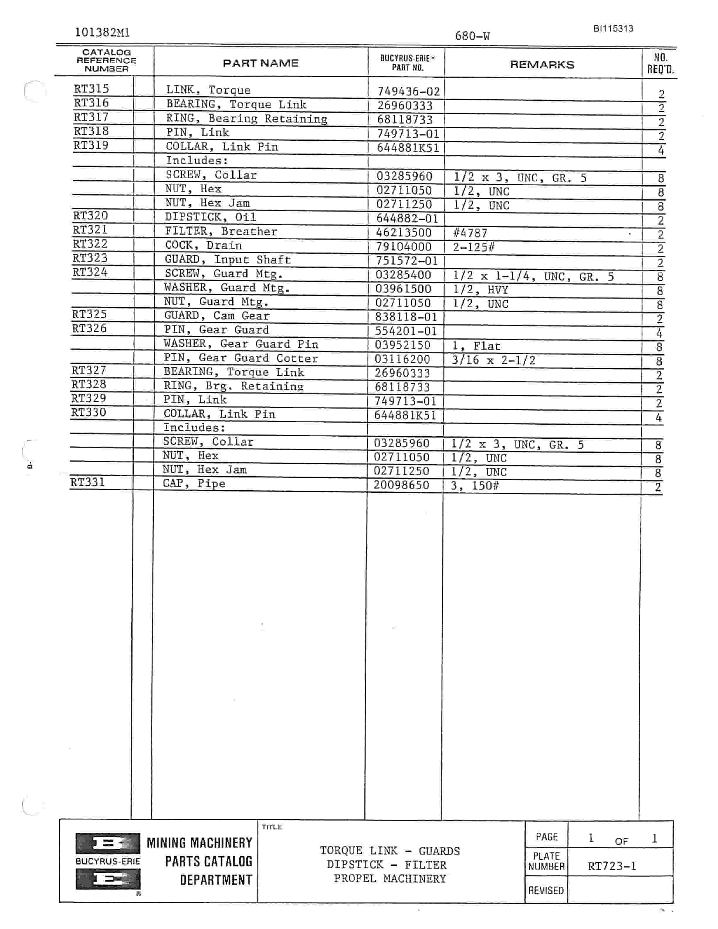 Bucyrus 680W Walking Dragline Parts Catalog BI115313-5