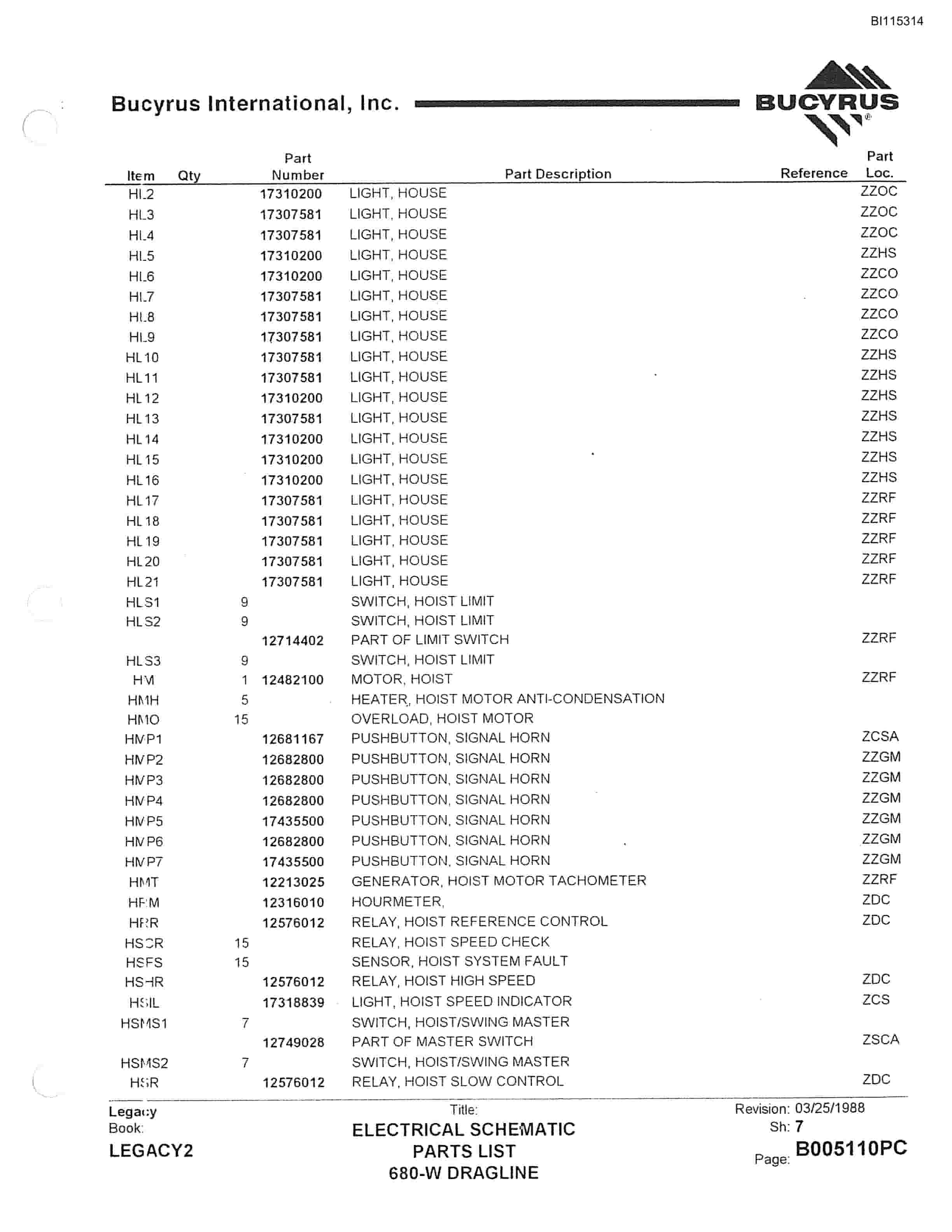 Bucyrus 680W Walking Dragline Parts Catalog BI115314-5