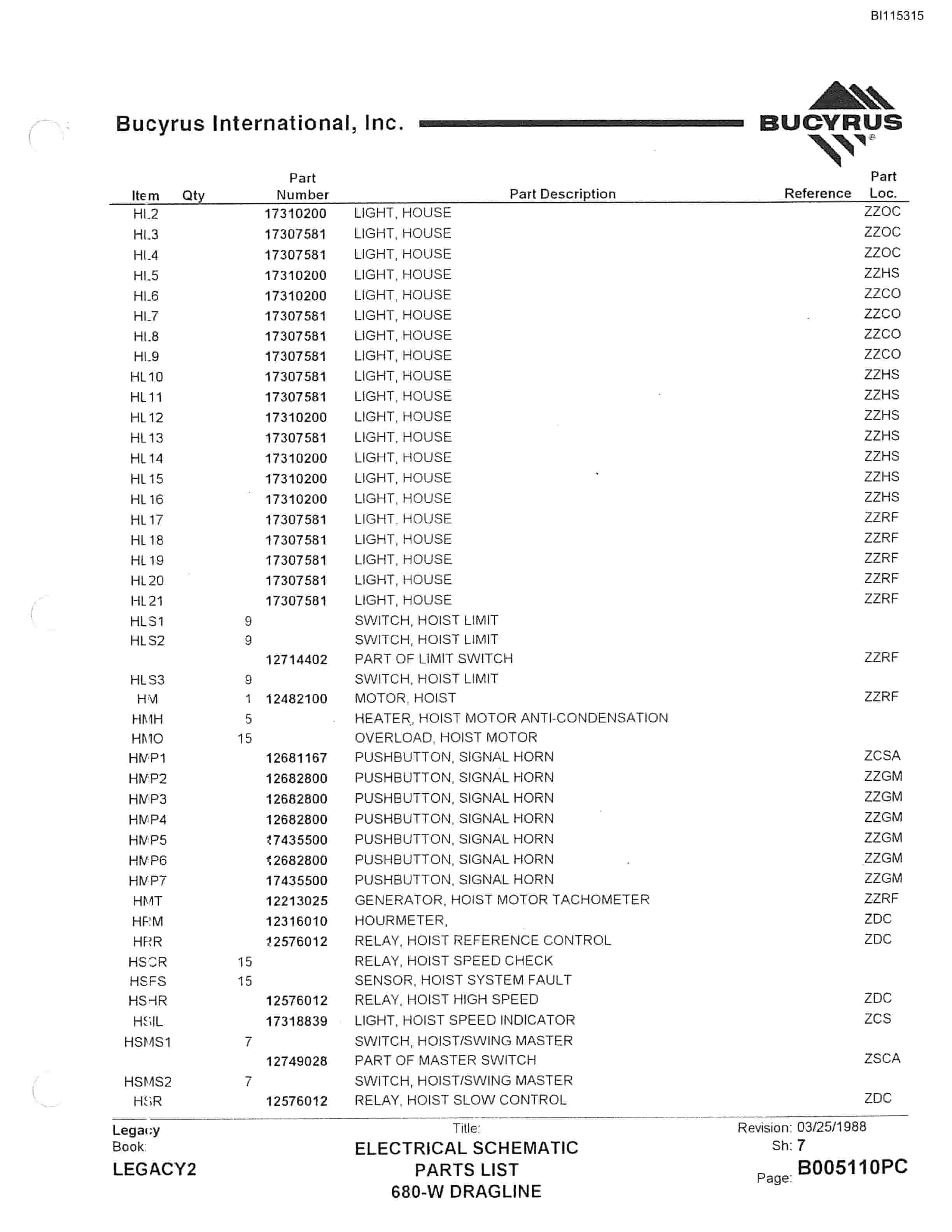 Bucyrus 680W Walking Dragline Parts Catalog BI115315-5