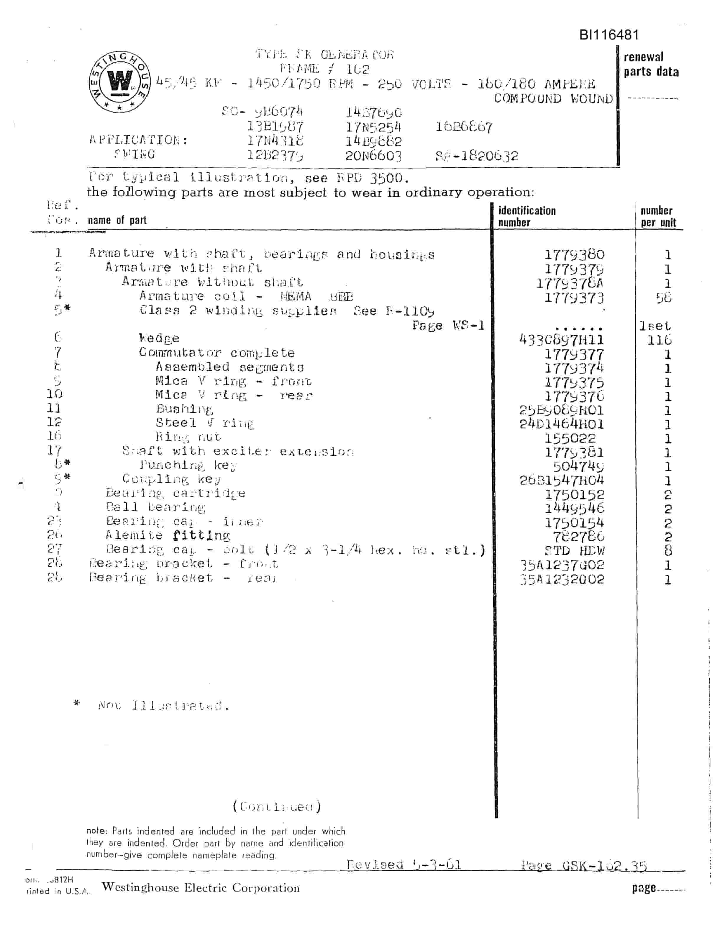Bucyrus 7-W Special Dragline Excavator Parts Catalog BI116481-5