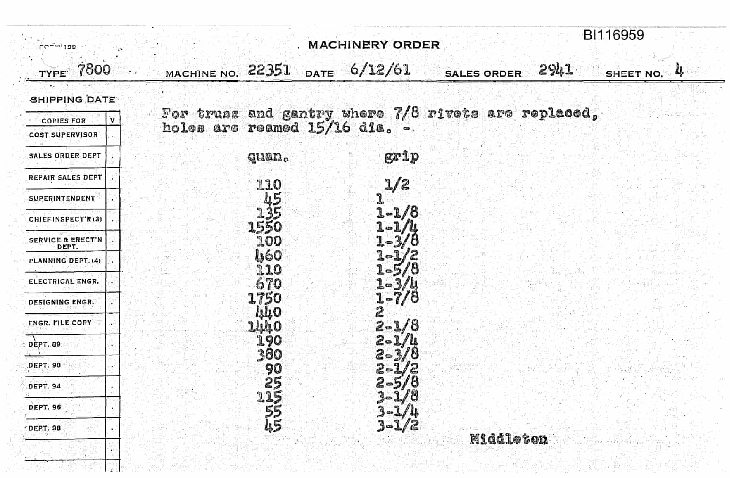 Bucyrus 7800 Dragline Parts Catalog BI116959-4
