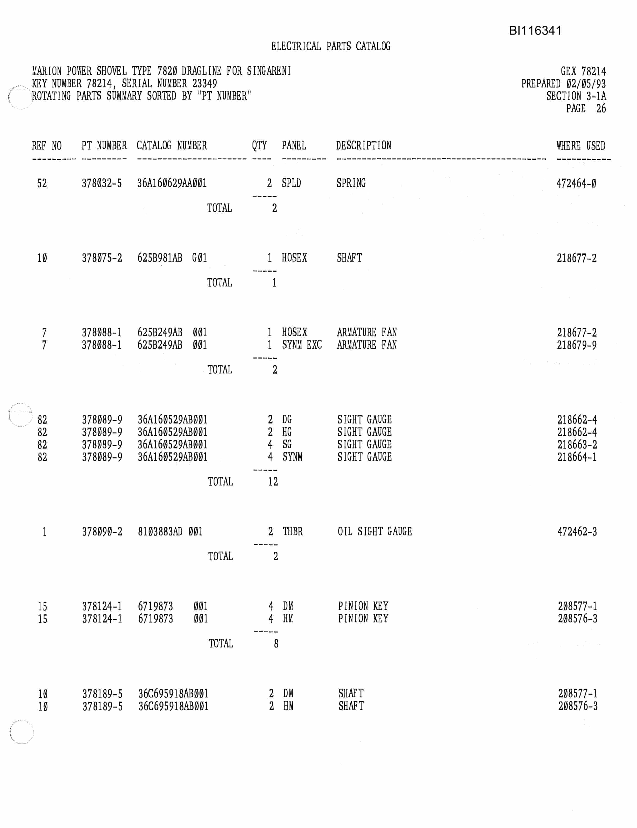 Bucyrus 7820-41A Parts Catalog BI116341-2