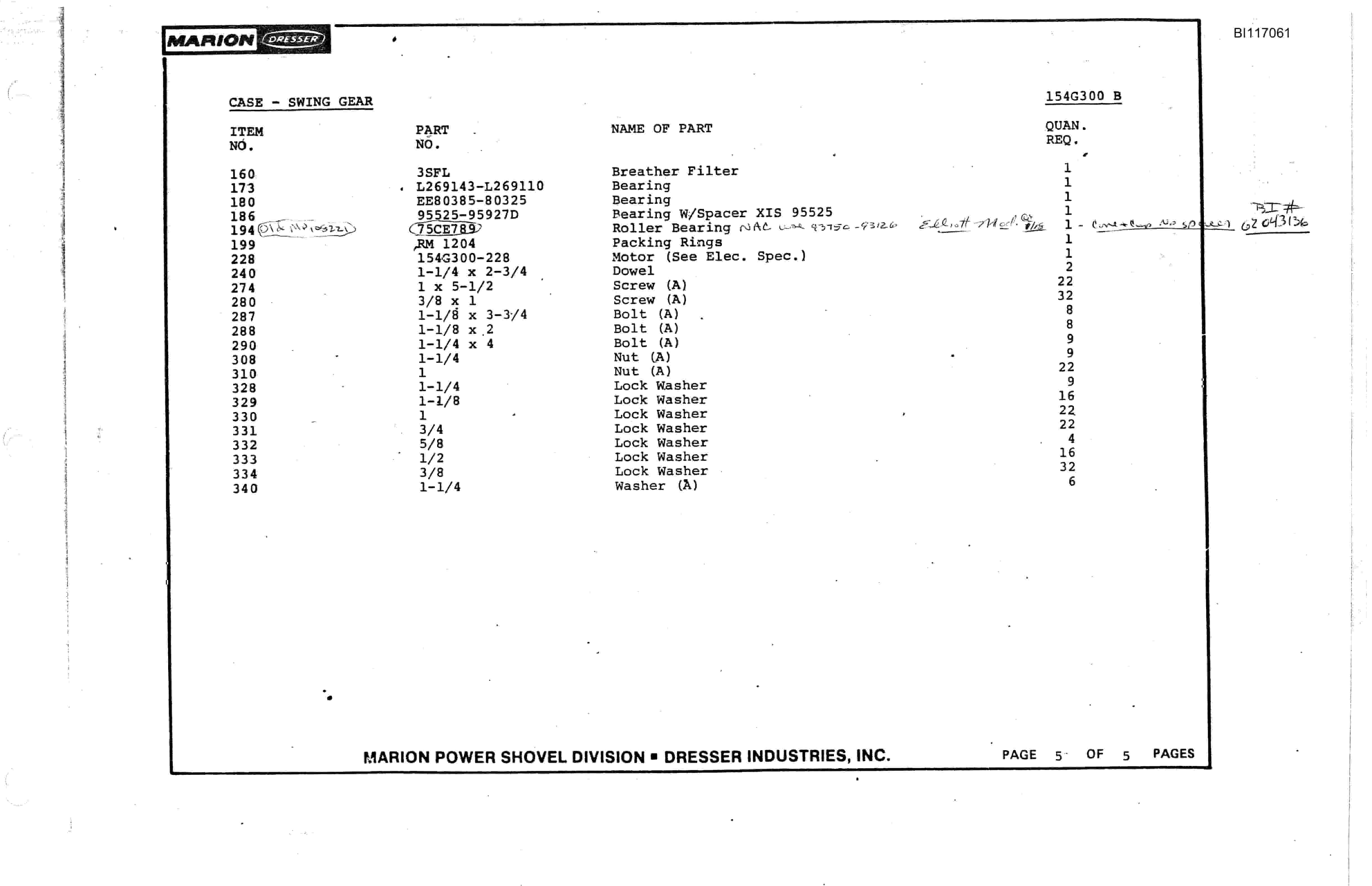 Bucyrus 7820 Parts Book BI117061-2