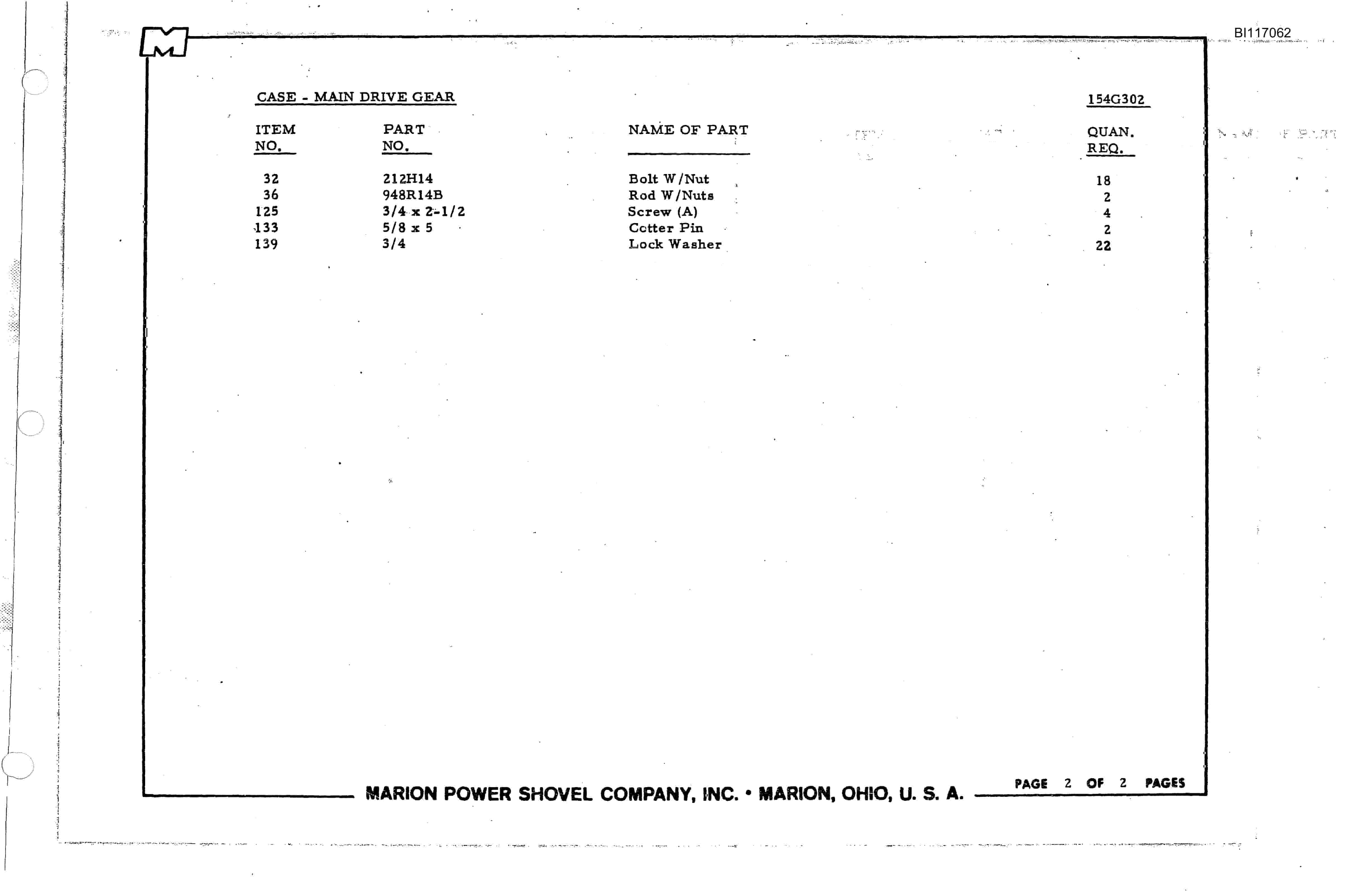 Bucyrus 7820 Parts Book BI117062-2