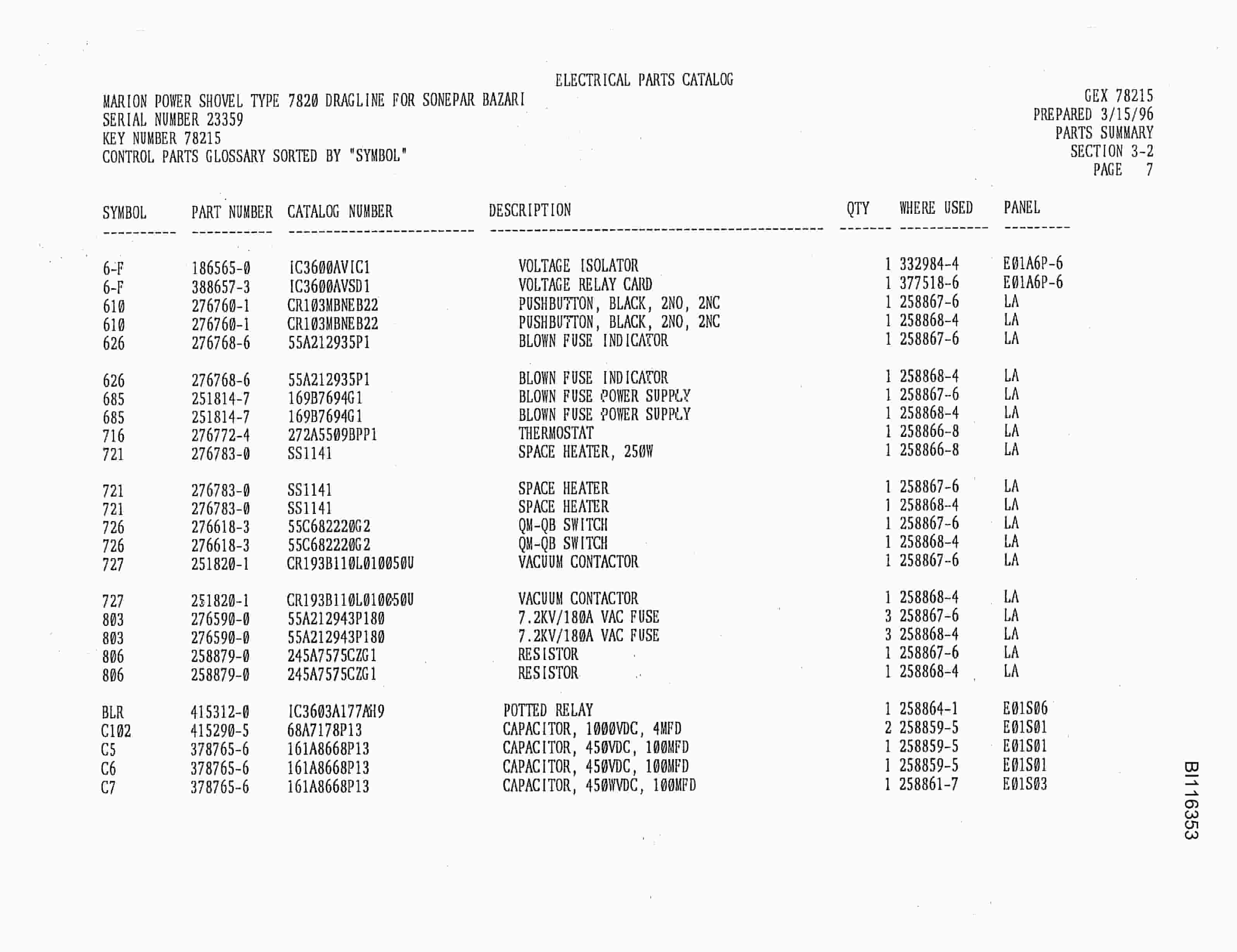 Bucyrus 7820 Parts Catalog BI116353-2