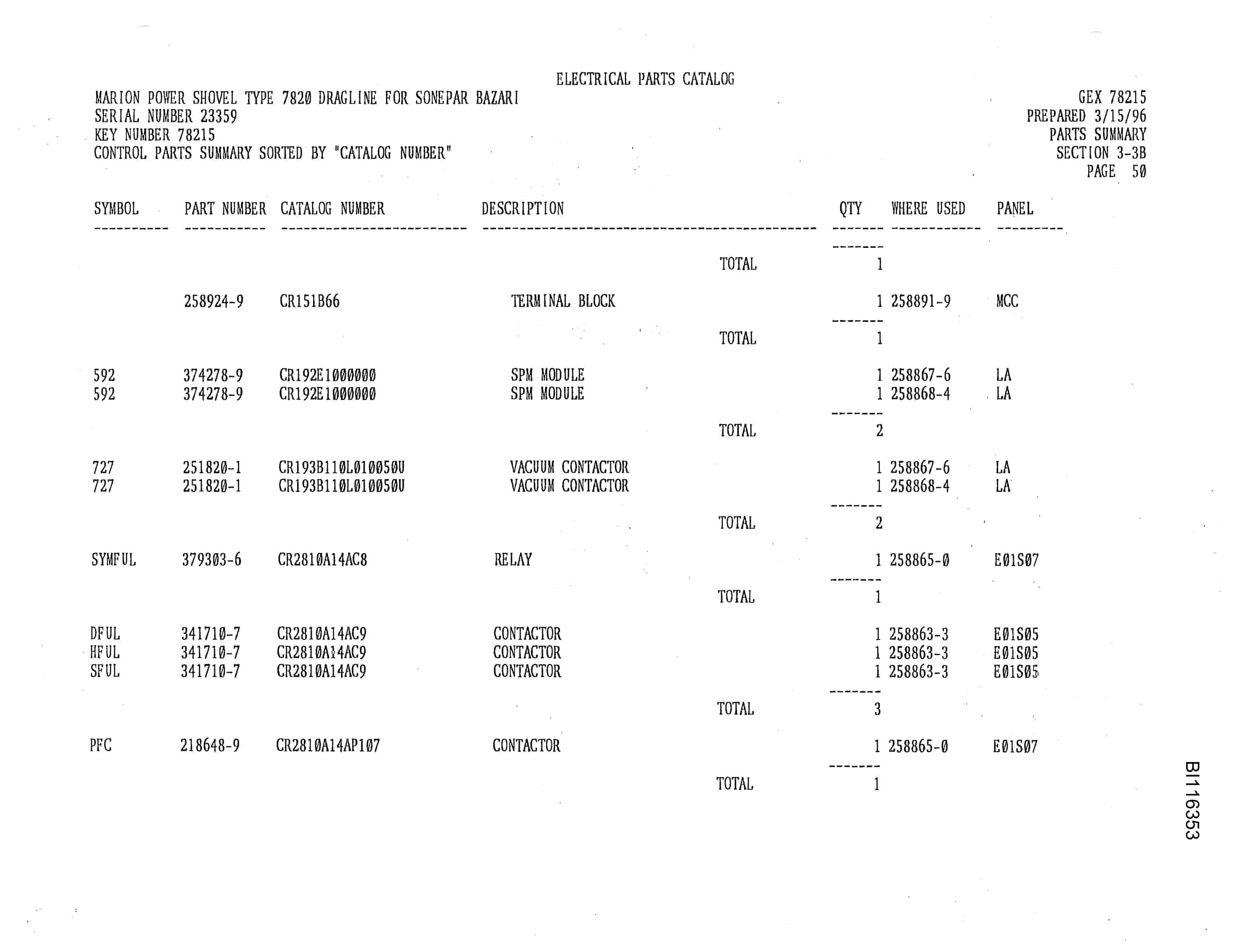 Bucyrus 7820 Parts Catalog BI116353-4