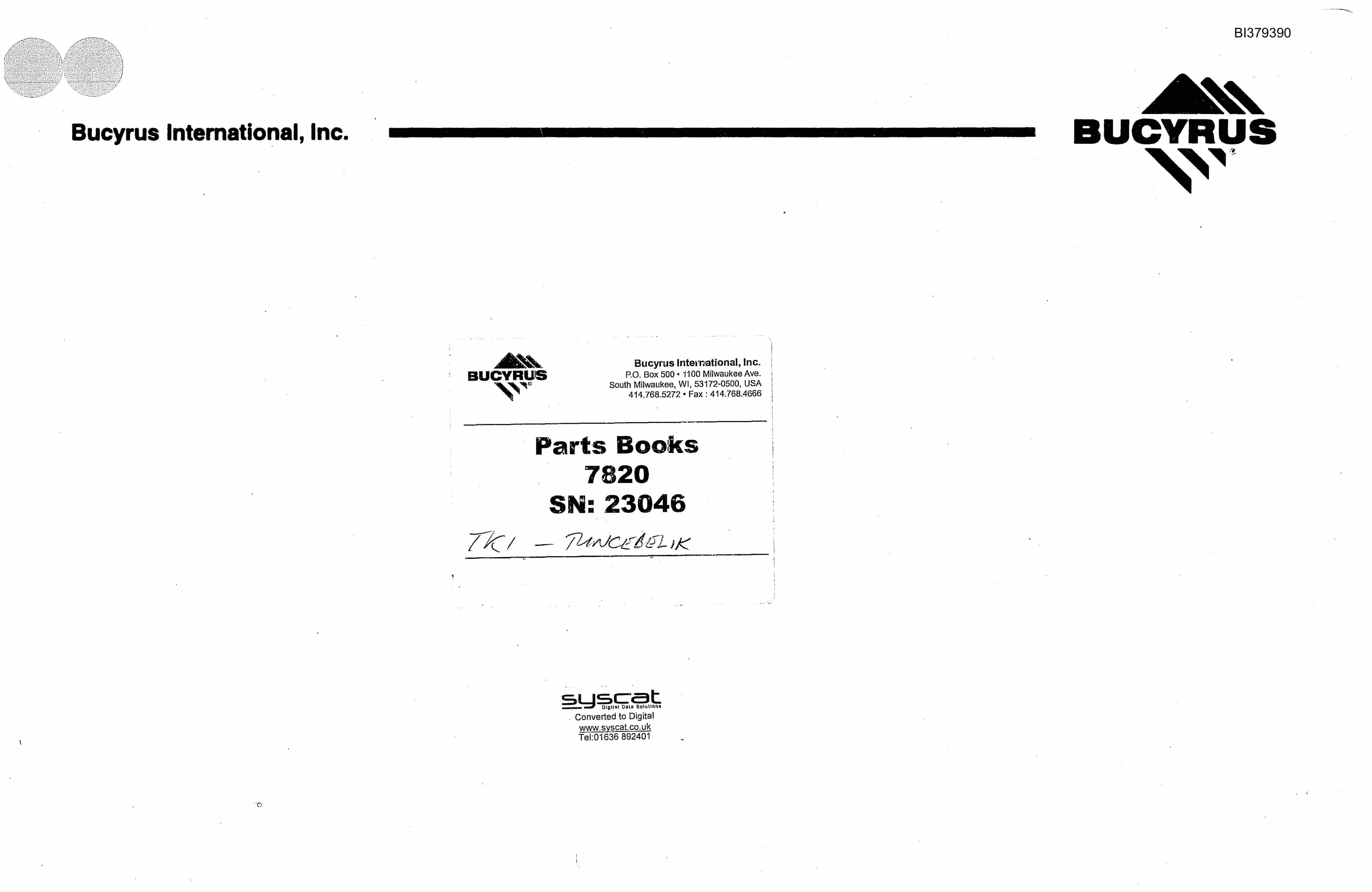 Bucyrus 7820 Walking Dragline Parts Book BI379390
