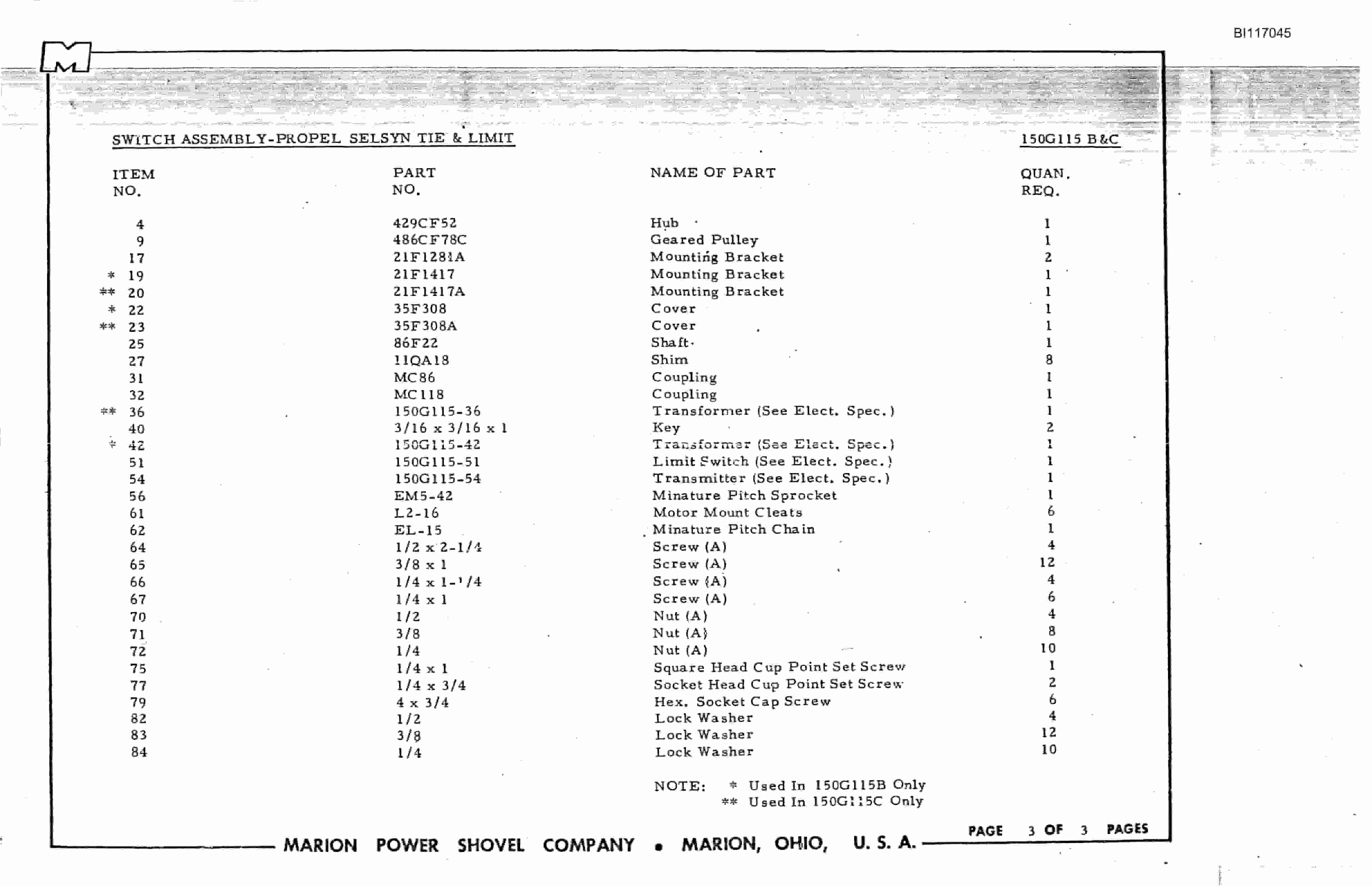 Bucyrus 8050 Parts Book BI117045-2