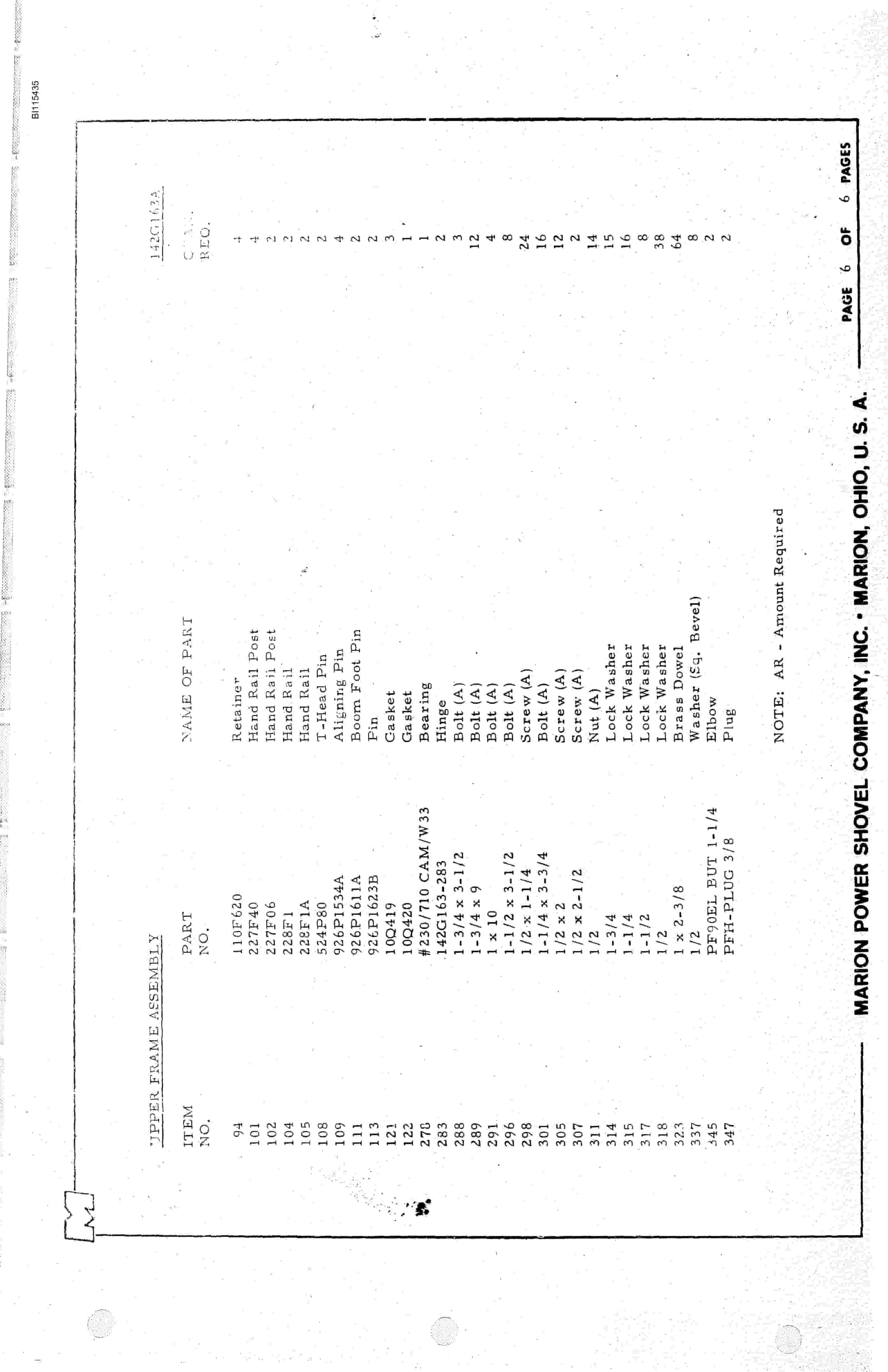 Bucyrus 8050 Parts Catalog BI115435-2