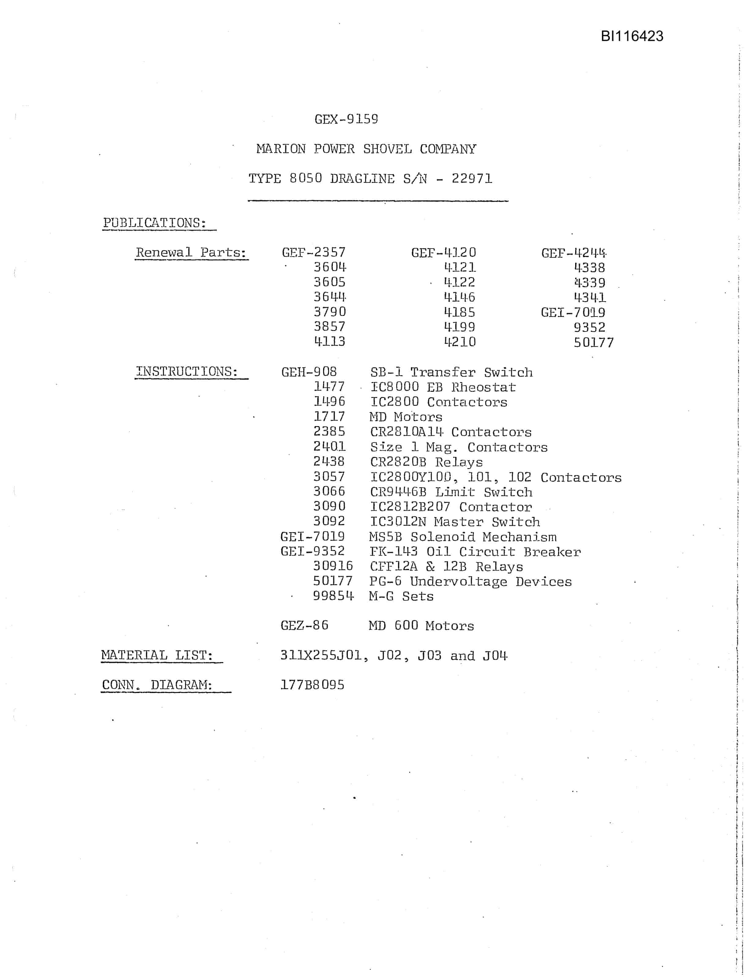 Bucyrus 8050 Parts Catalog BI116423-2