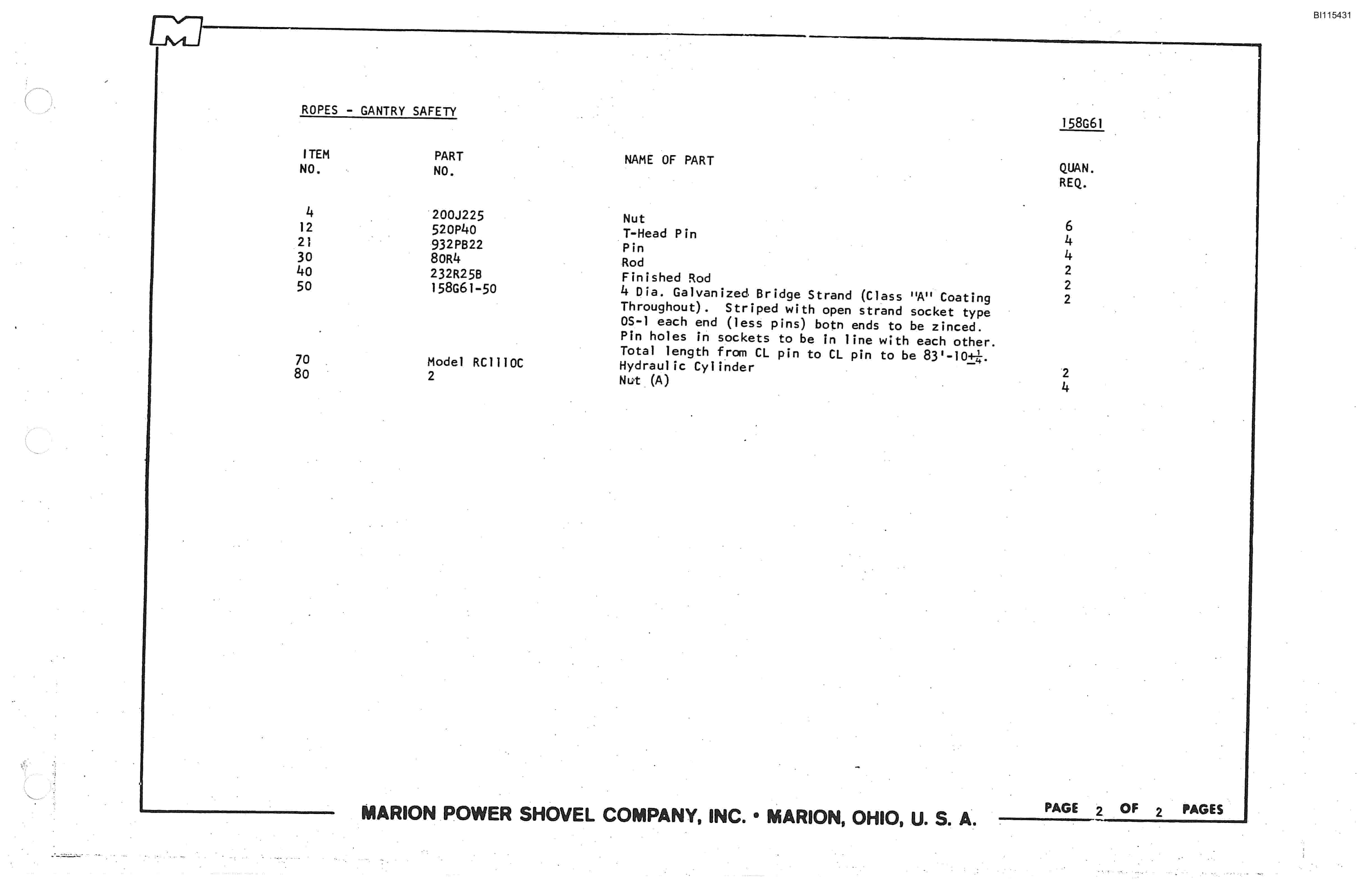 Bucyrus 8050 Walking Dragline Parts Catalog BI115431-5