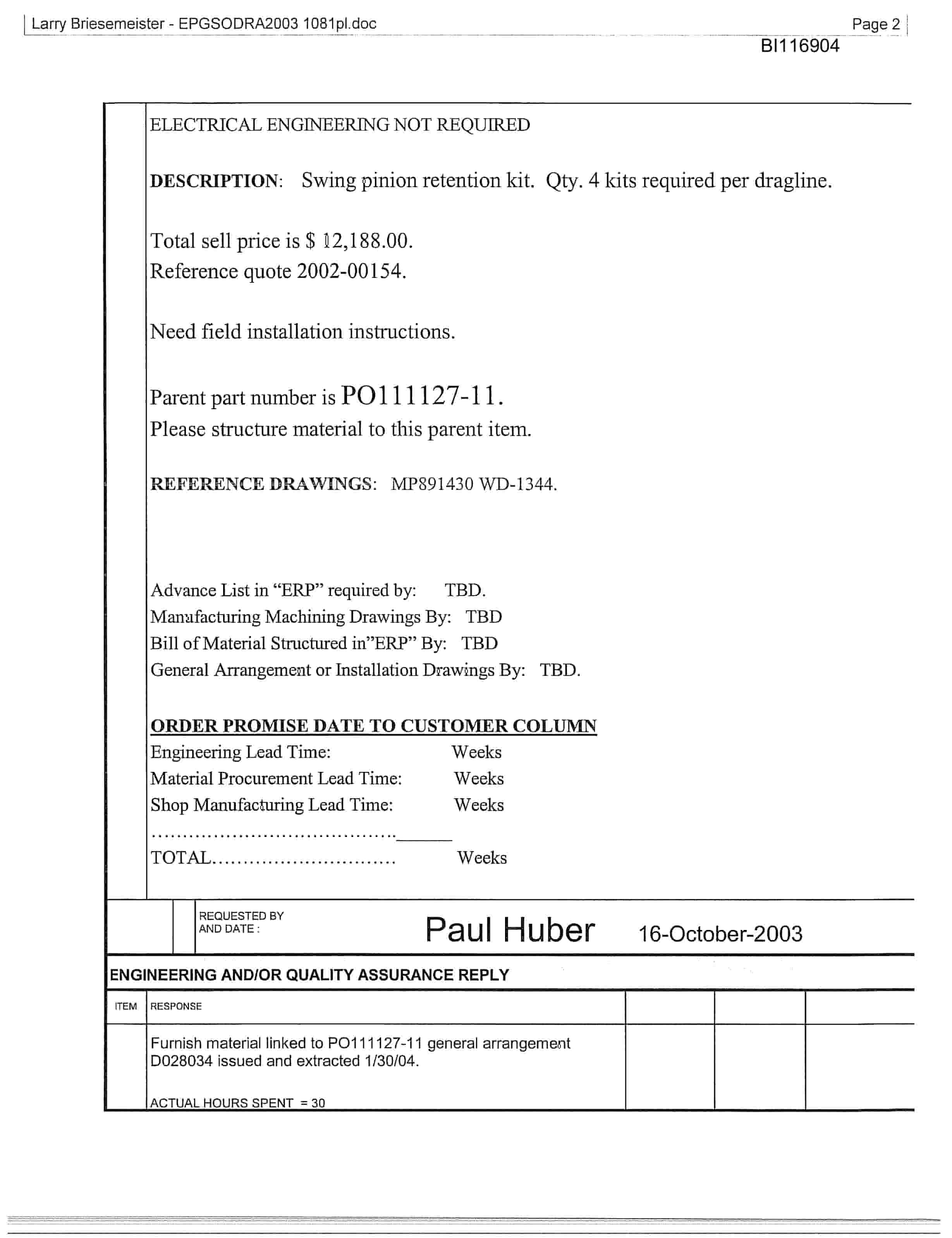 Bucyrus 8050 Walking Dragline Parts Catalog BI116904-4