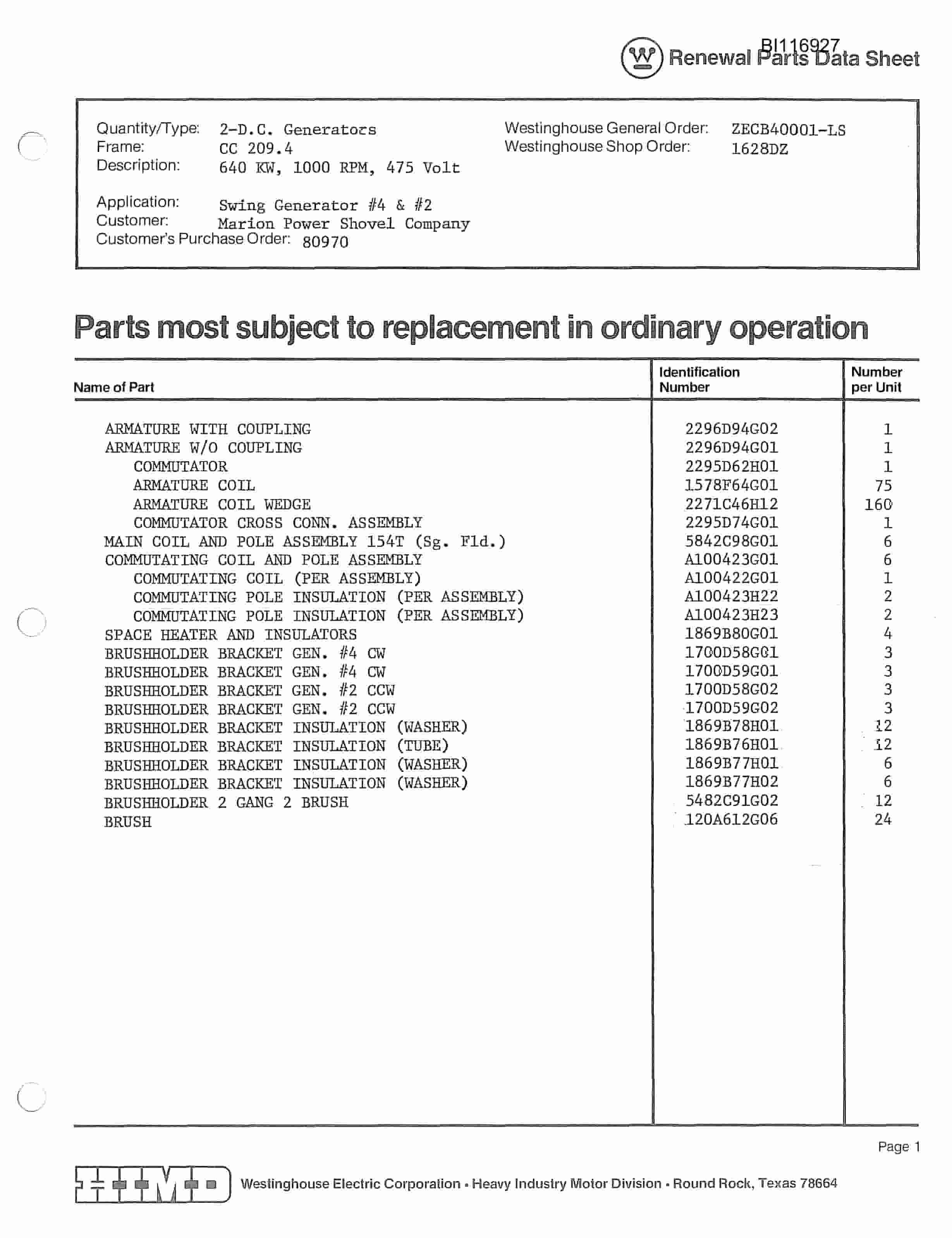 Bucyrus 8050 Walking Dragline Parts Catalog BI116927-2